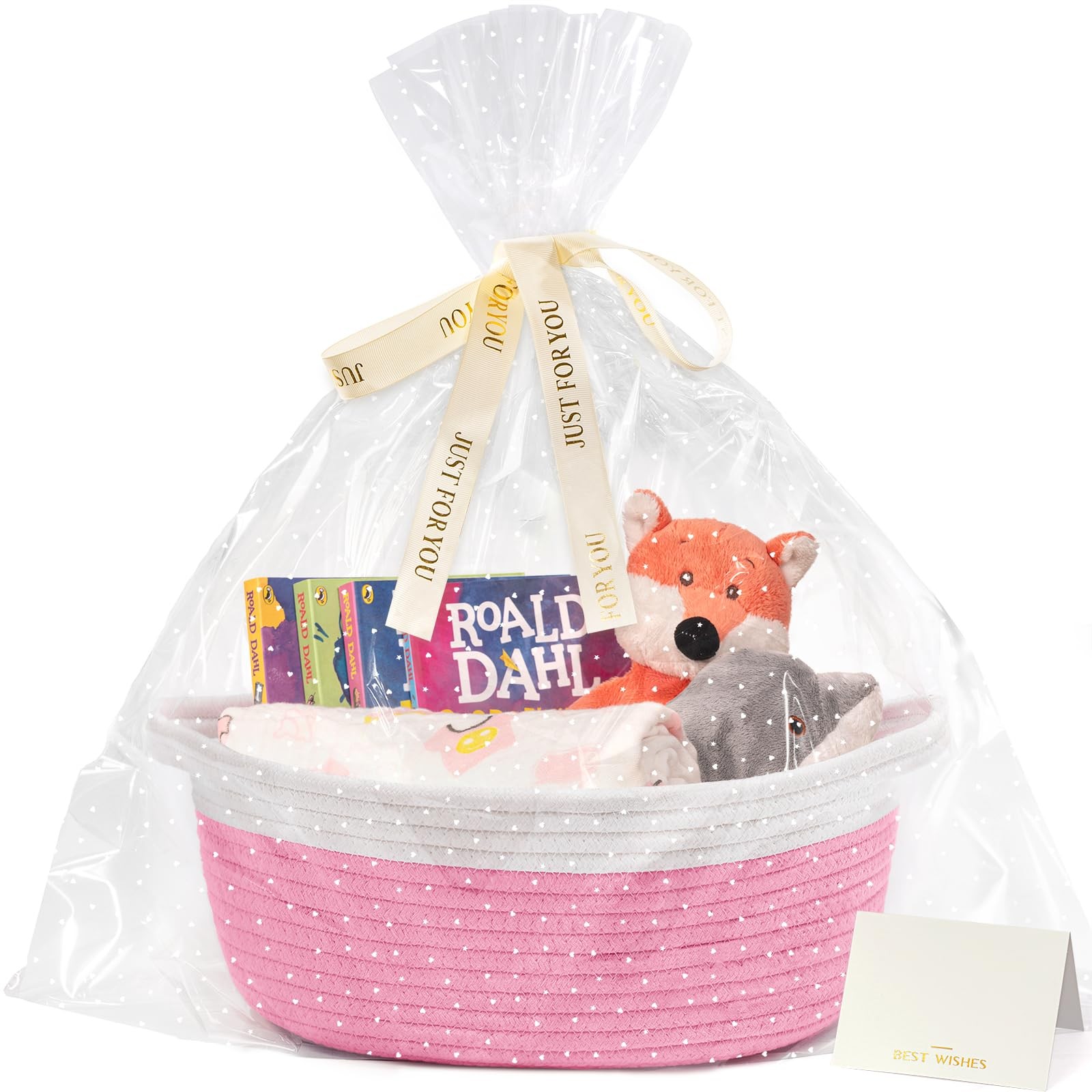 Gift Basket Empty with Bags & Ribbon for Baby Shower, Pink
