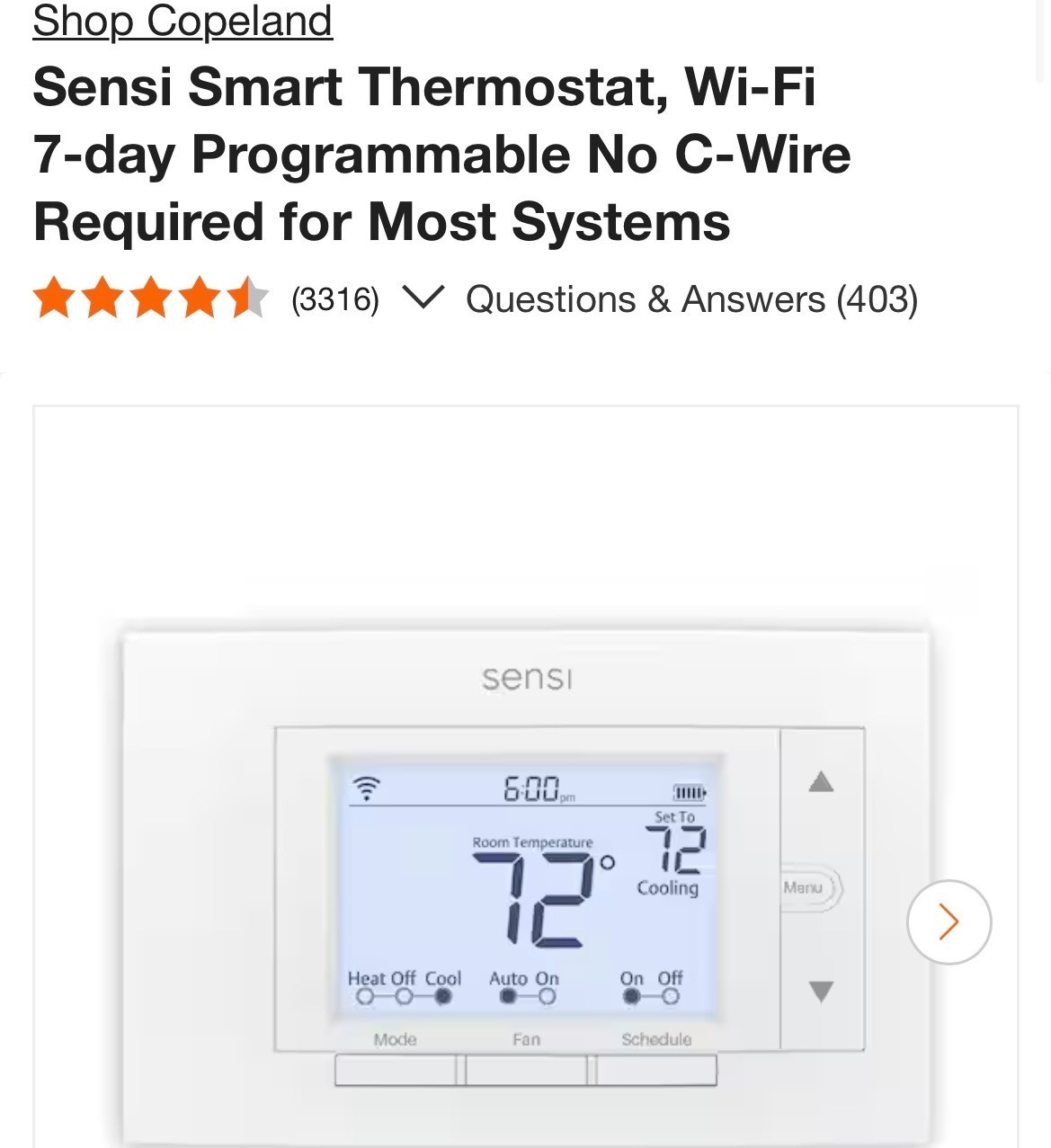 Copeland Sensi Smart Thermostat, Wi-Fi 7-day Programmable No C-Wire Required fo
