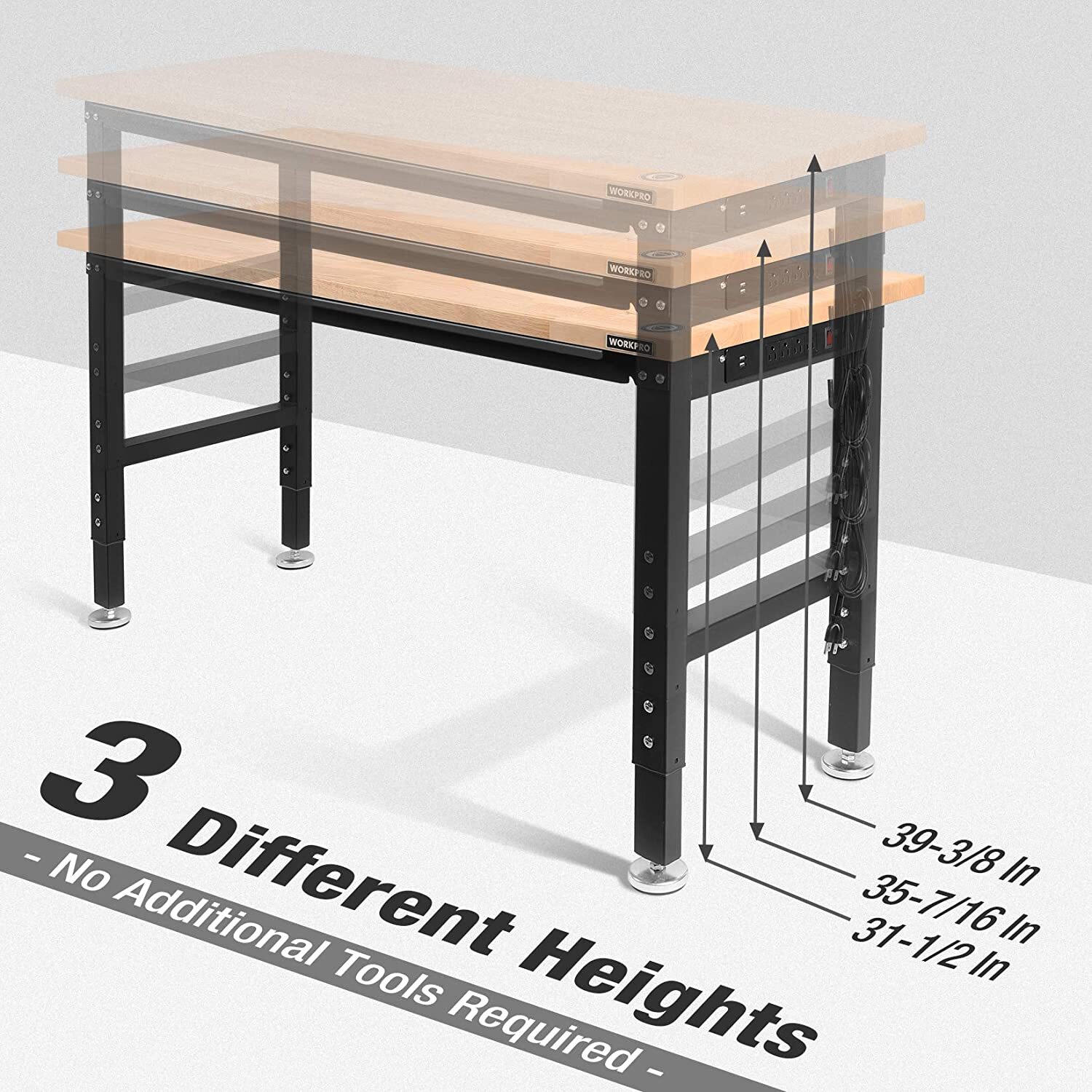 WORKPRO 72"/48''/60" Adjustable Workbench Heavy-Duty Workstation Rubber Wood Top