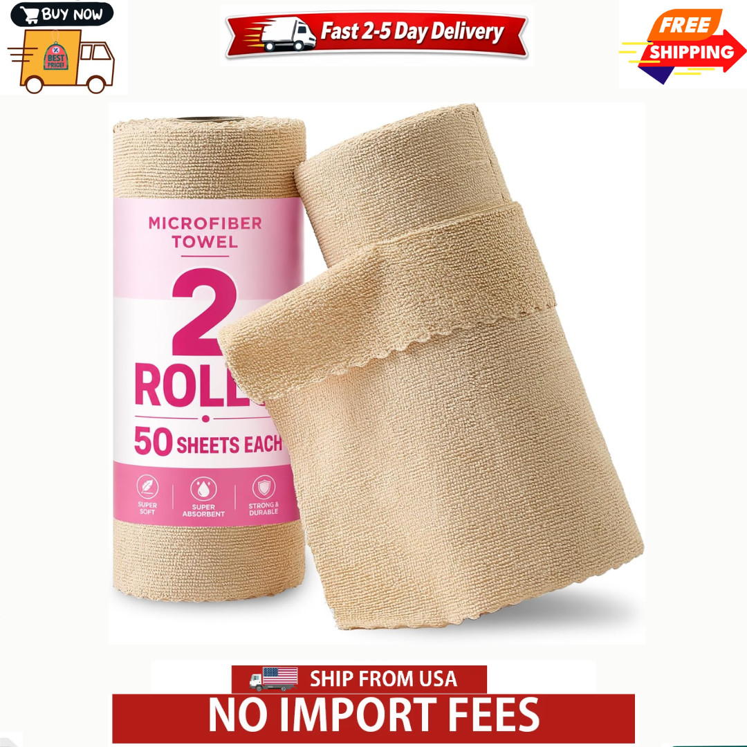 2 Roll Reusable Paper Towels,100 Sheets Tear Away Microfiber Cleaning Cloth, ...