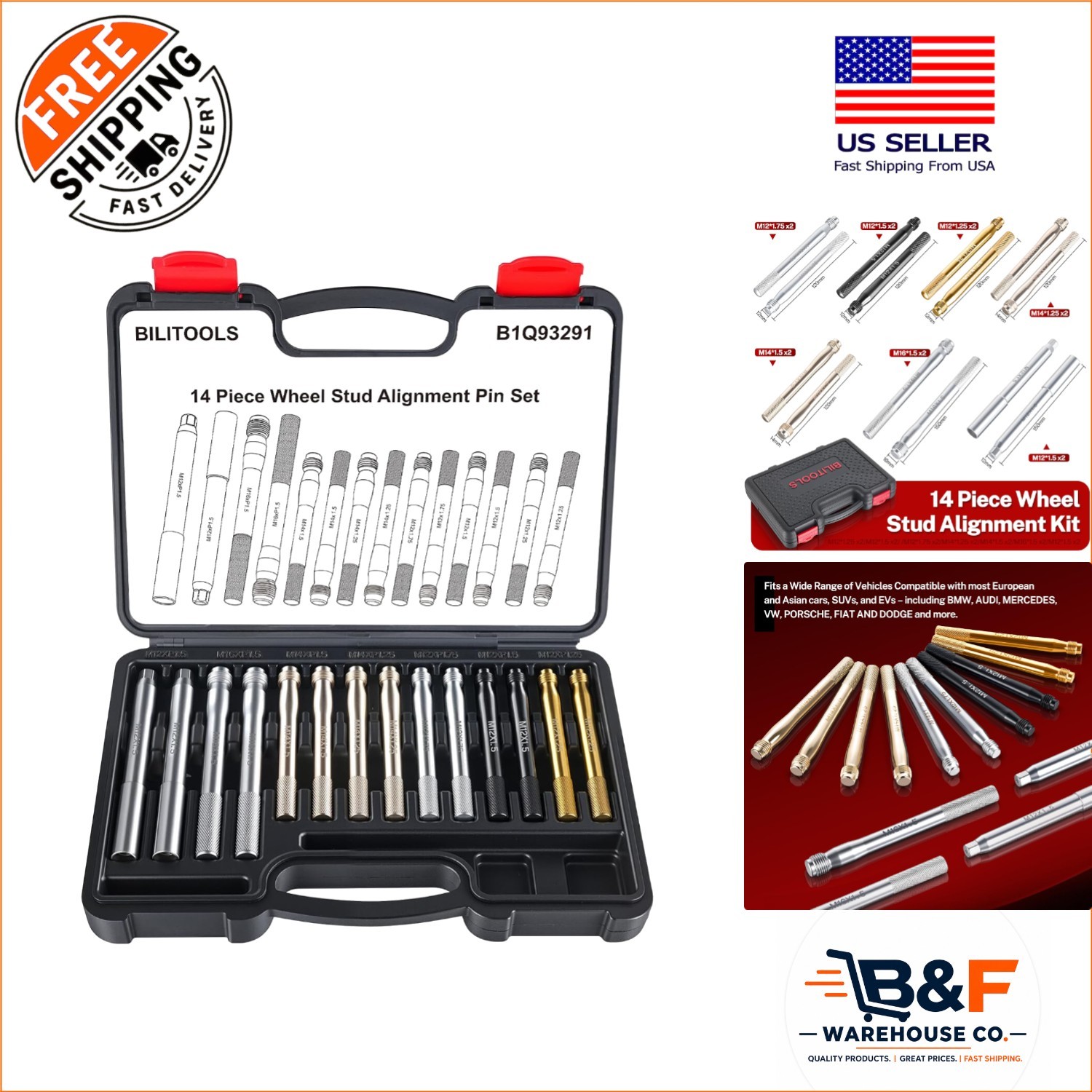 14-Piece Carbon Steel Wheel Alignment Pin Set, M12/M14/M16 Fits Luxury Vehicles