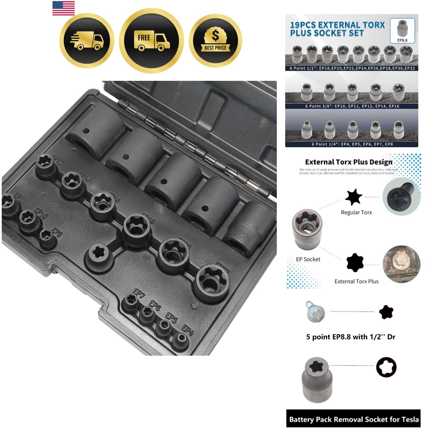 External Torx Plus Socket Set 6 Point EP Socket EP4, EP5, EP6, EP7, EP8, EP10...