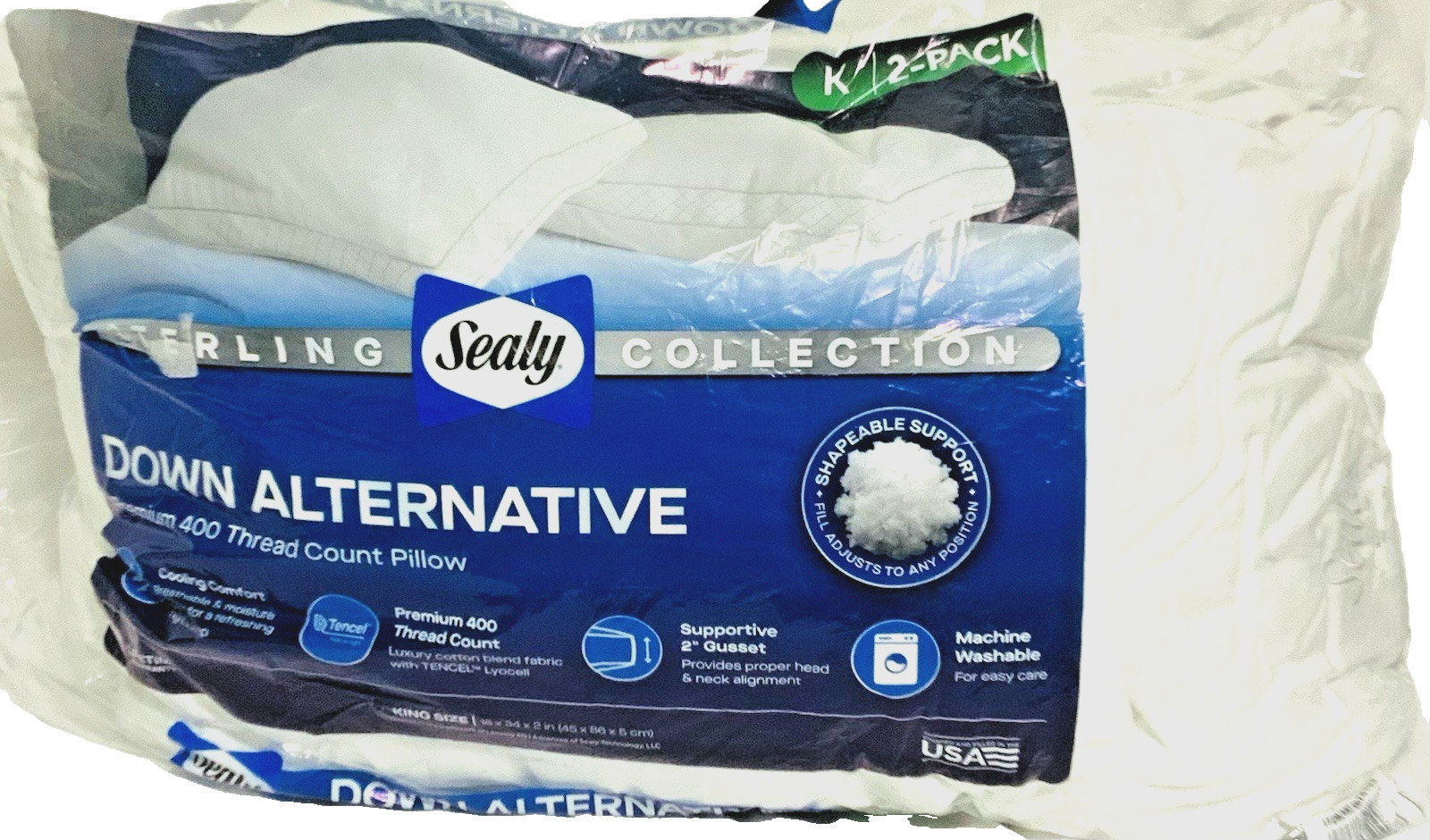Sealy Sterling Collection 400 TC Down-Alternative Pillow, 2-Pack, White King