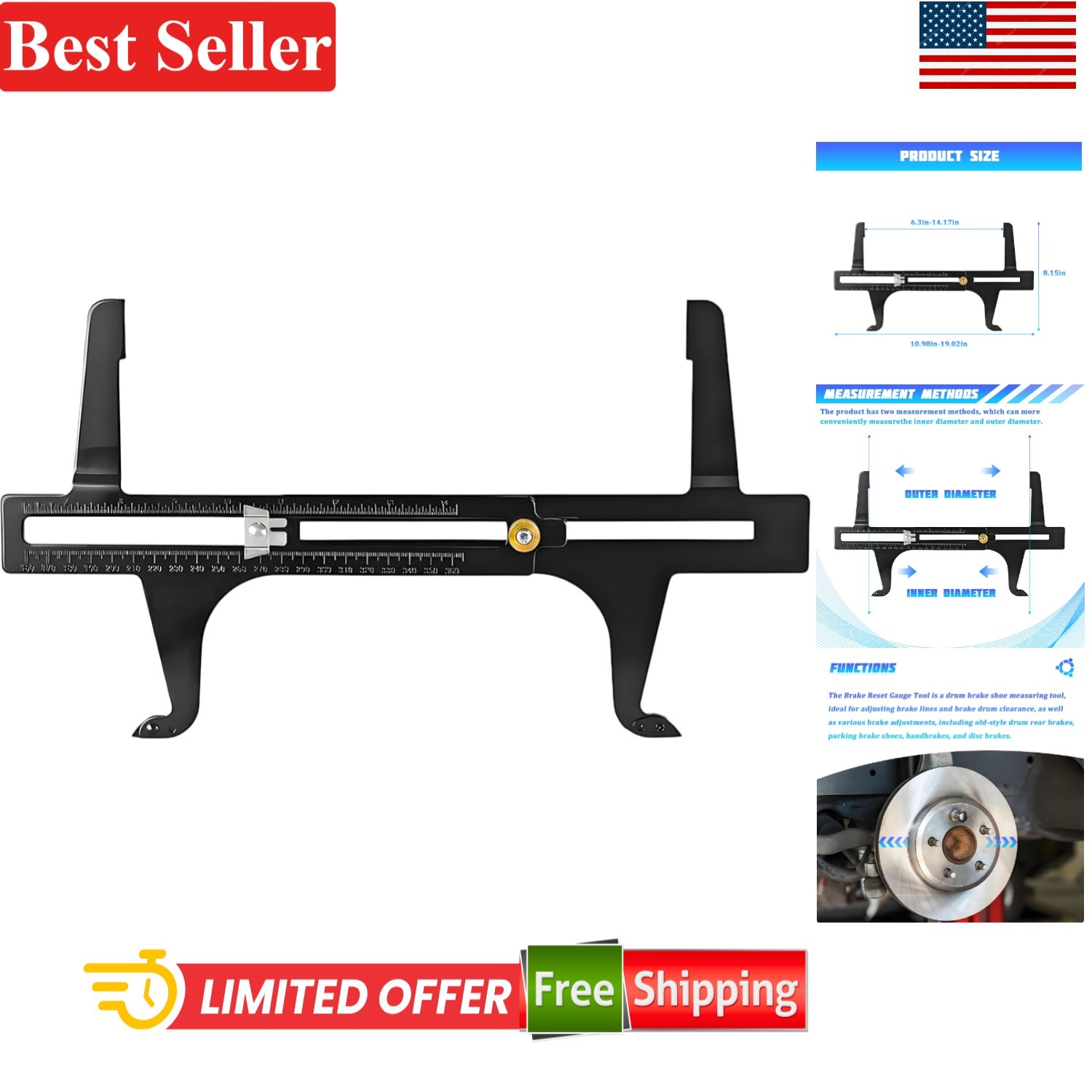 Automotive Brake Measuring Tool Dual Scale 6.5-14.25 Inch for Rear Drum Brake