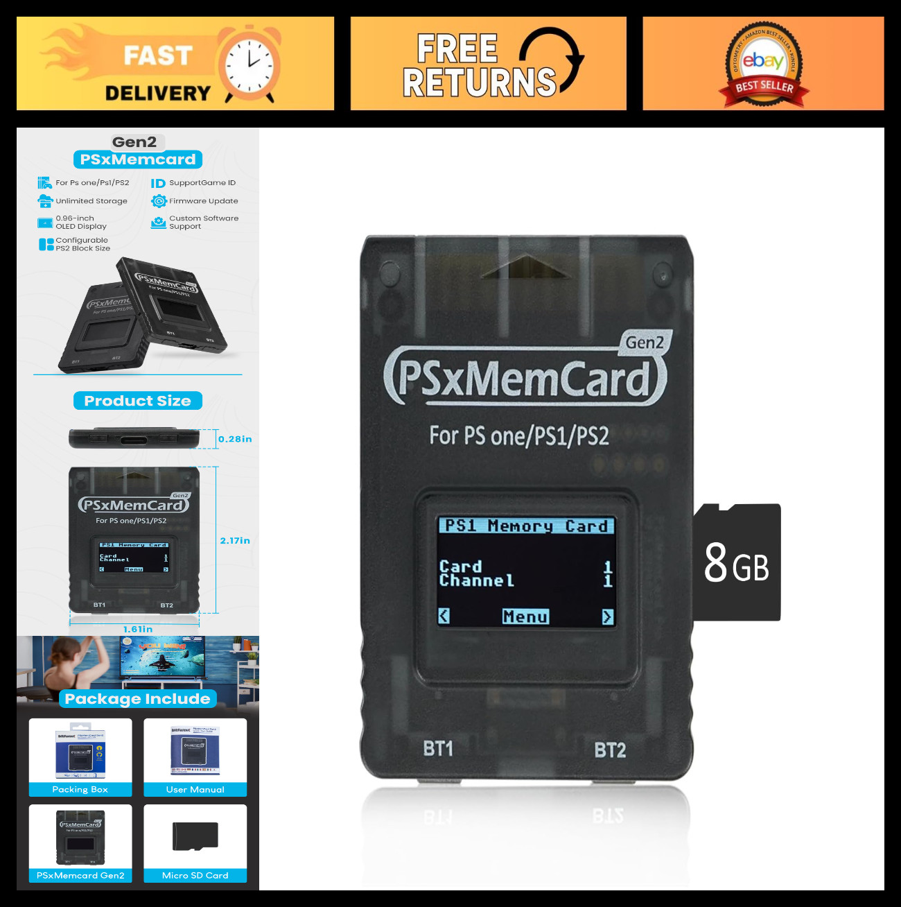 8GB Game Memory Card for PS2/PS1/PS One Console, Firmware Upgrade, Unlimited Sto