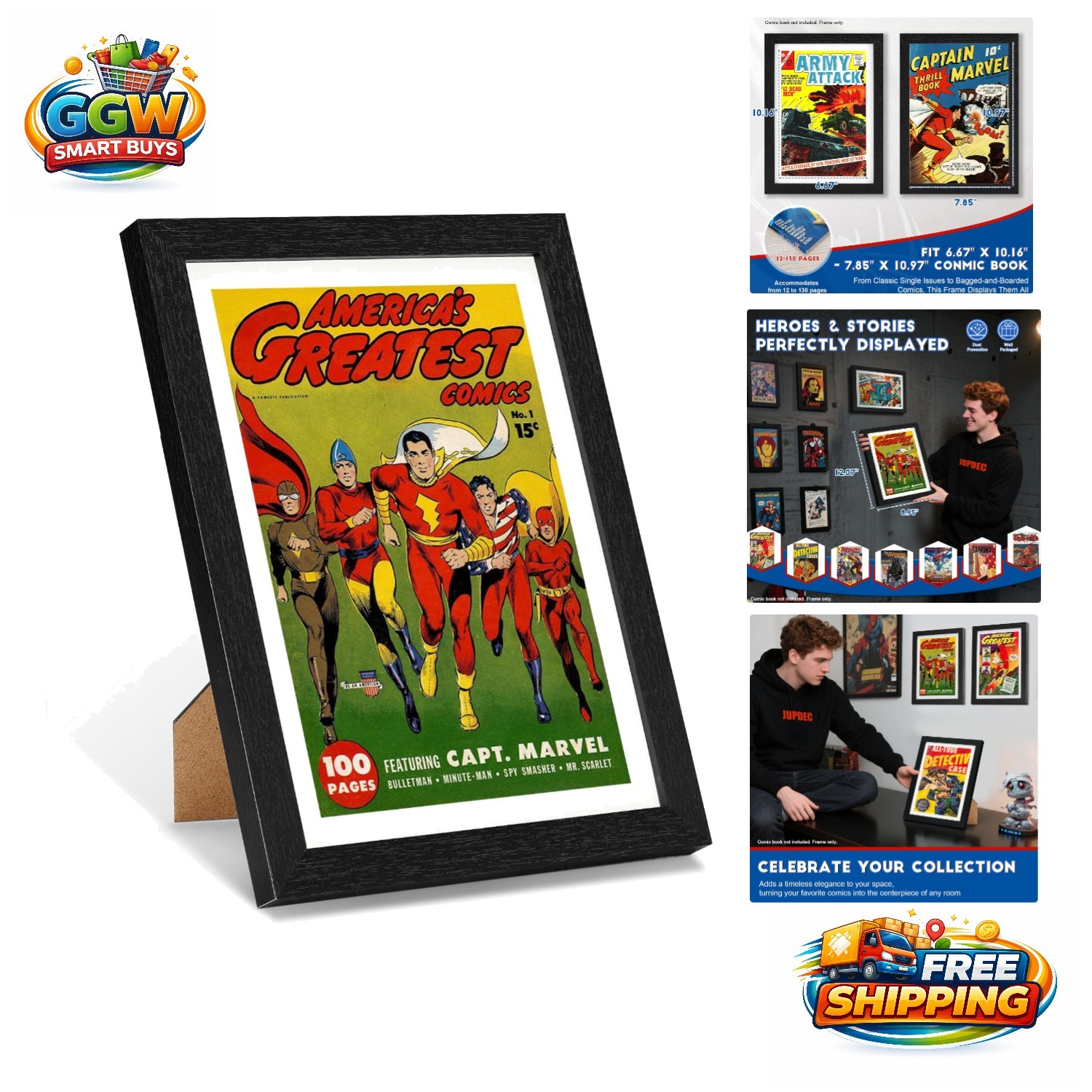 Versatile Wall Mount & Tabletop Comic Book Display - Elegant White Wood Frame