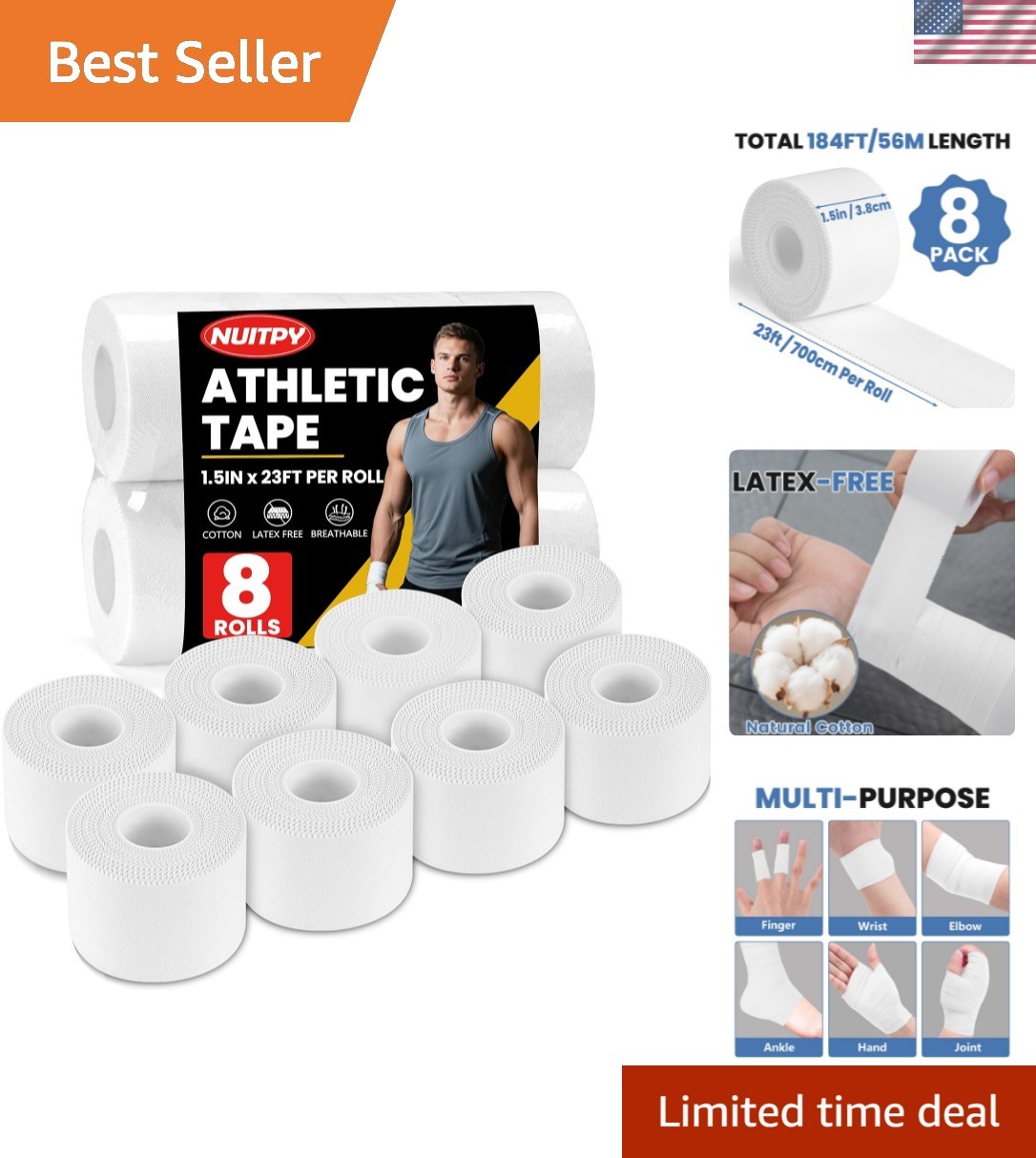 8 Pack Athletic Tape, White Sports Tape, Easy Tear Wrist Tape, Strong Adhesio...