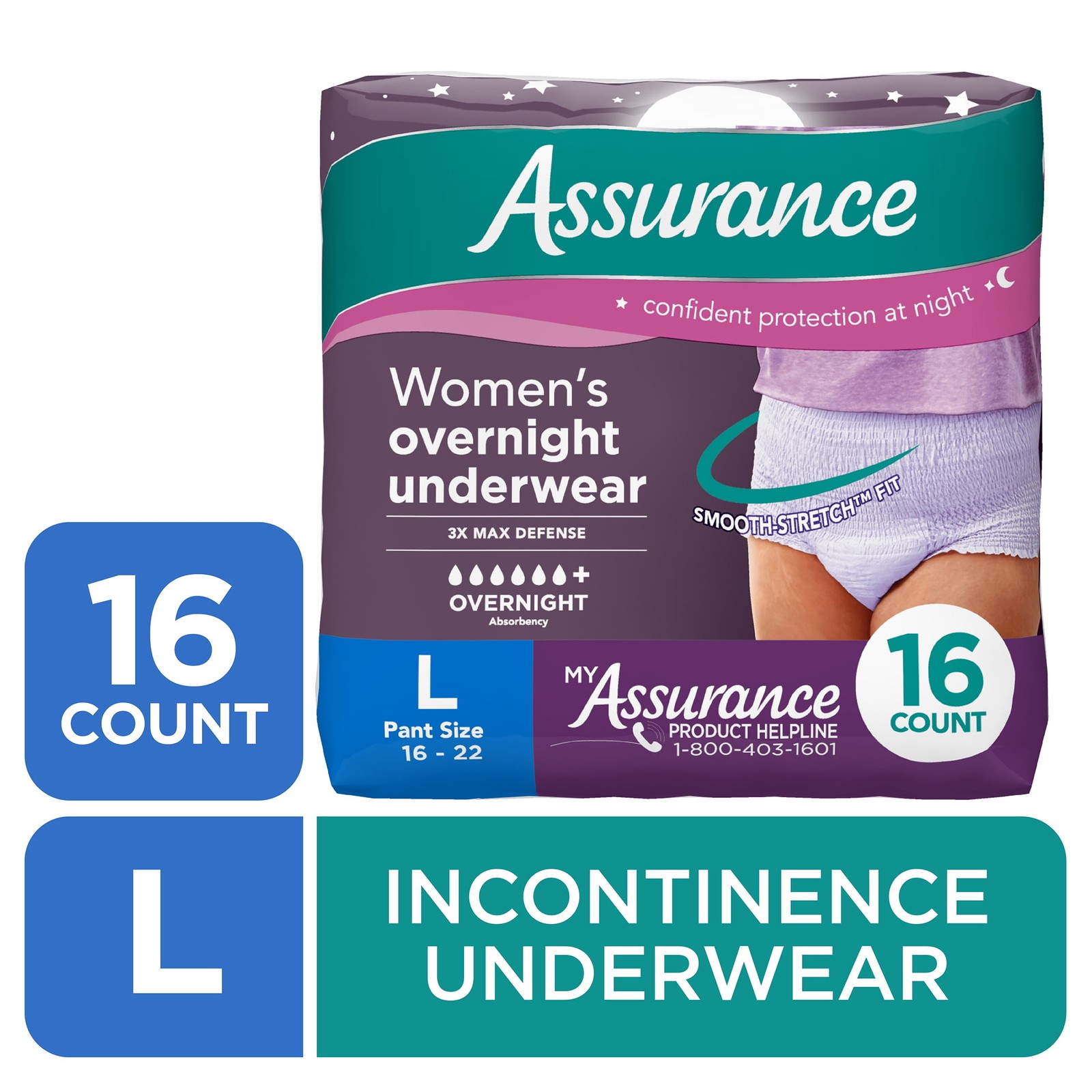 Assurance Women's Overnight Incontinence & Postpartum Underwear, L  (16 Count)