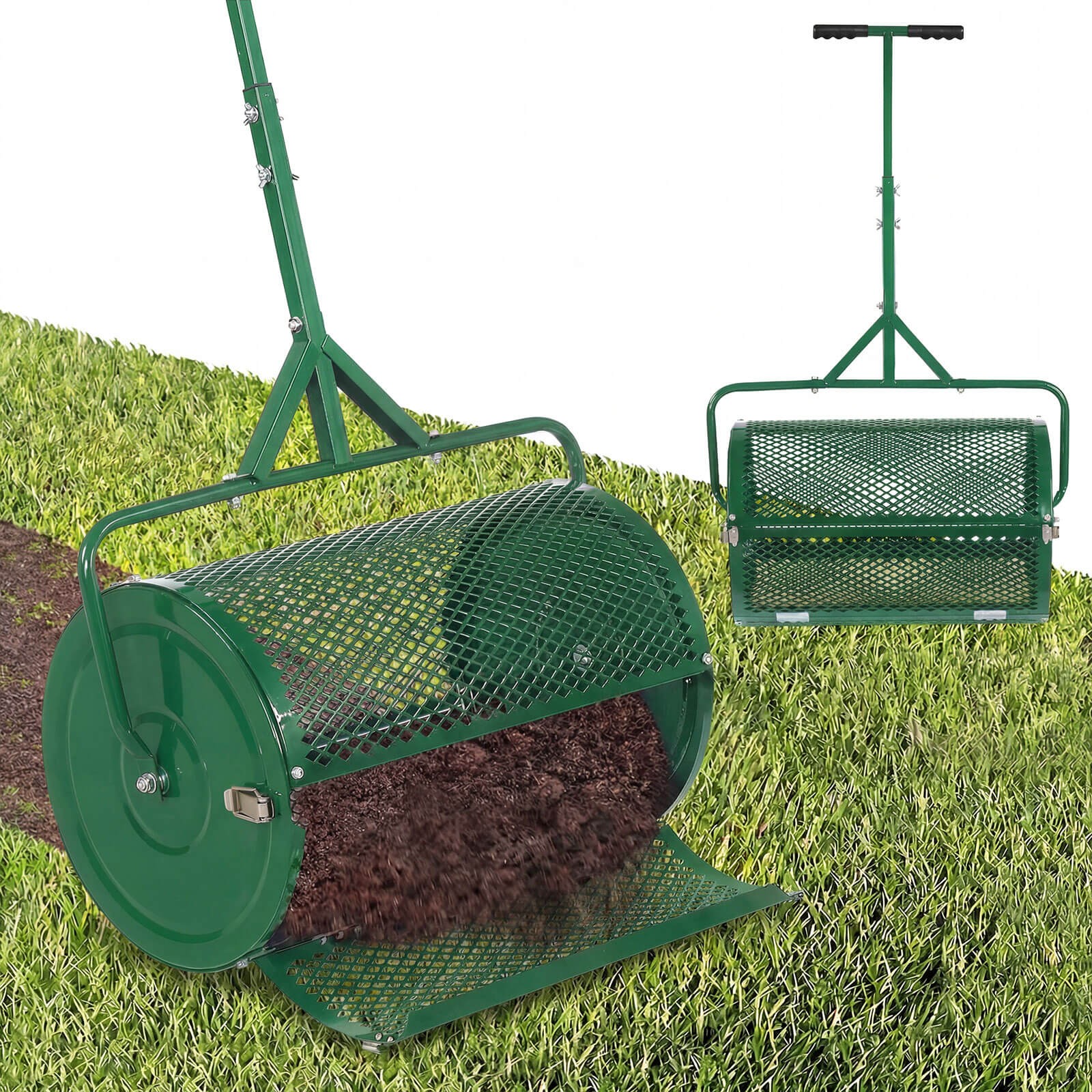24” Compost Spreader with Height-Adjustable T-Shaped Handle for Lawn, Garden