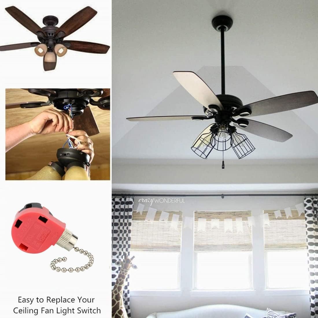Zing Ear ZE-268S1 3 Speed 4 Wire Ceiling Fan Switch , Pull Chain Control, Nickel