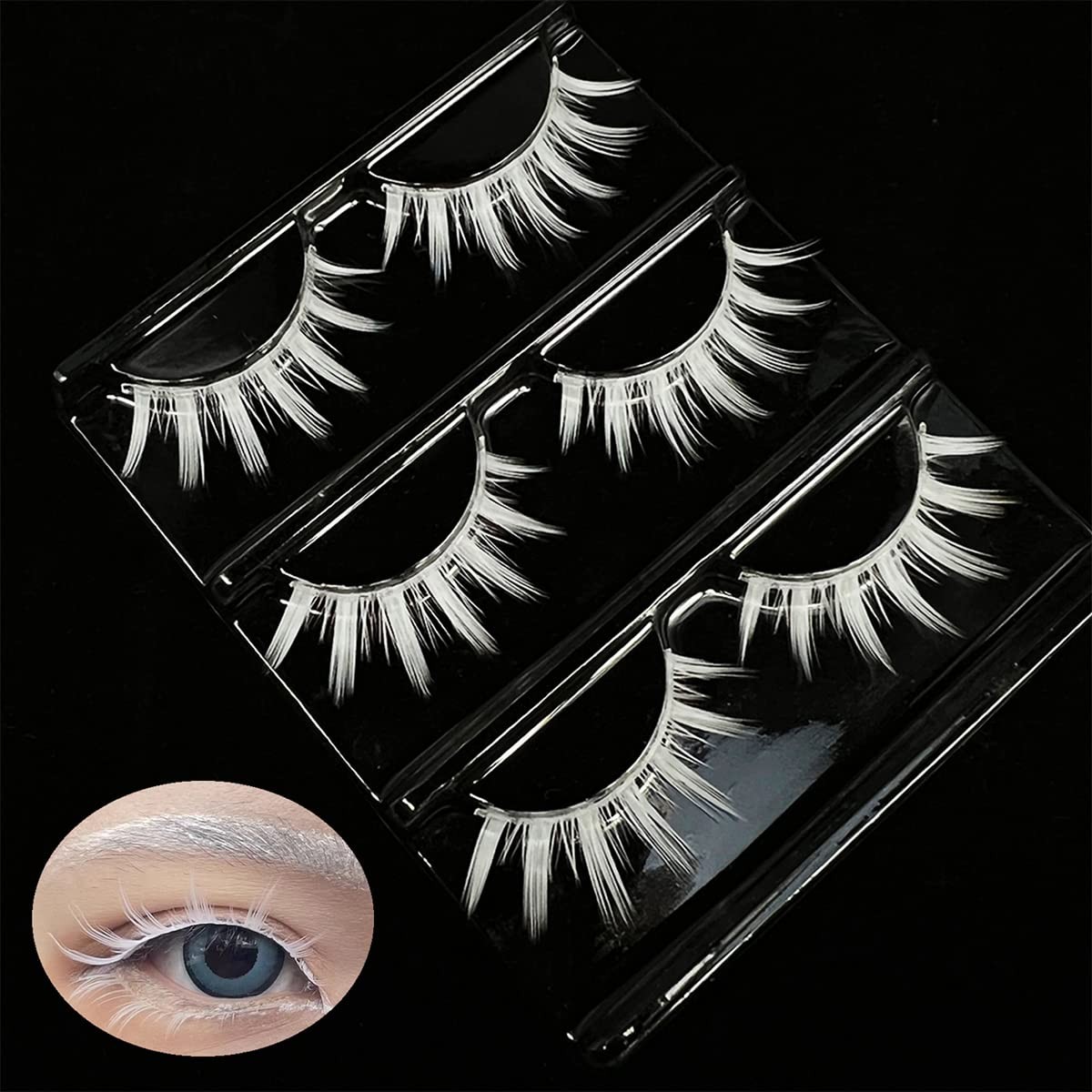 MUQIU37 White False Eyelashes for Halloween, Anime 3 pair (Pack of 1), white