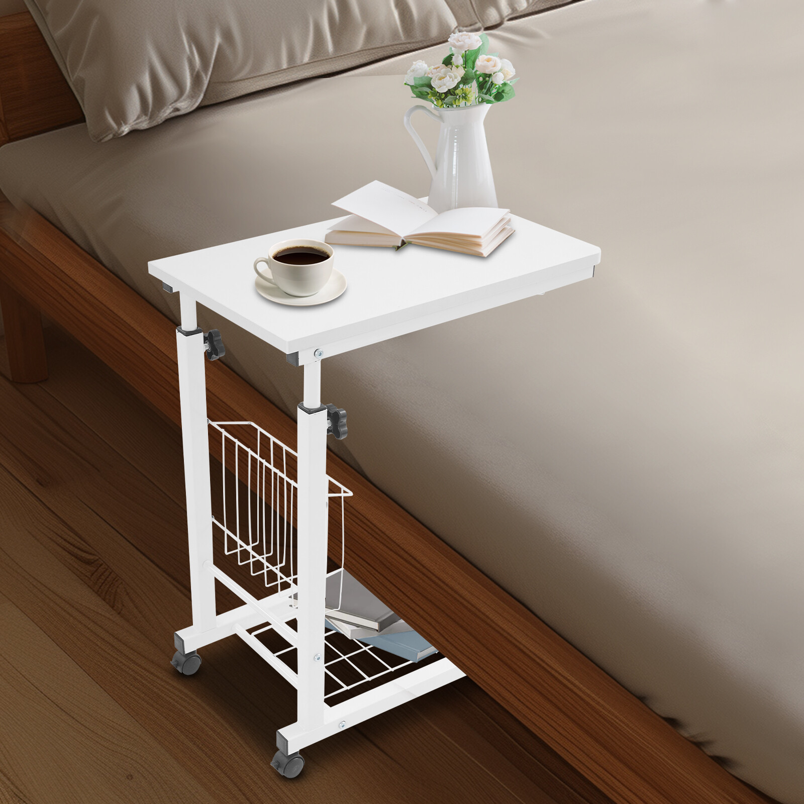 Adjustable Bed Side Table, Side Table with Wheels, Mobile Standalone Table