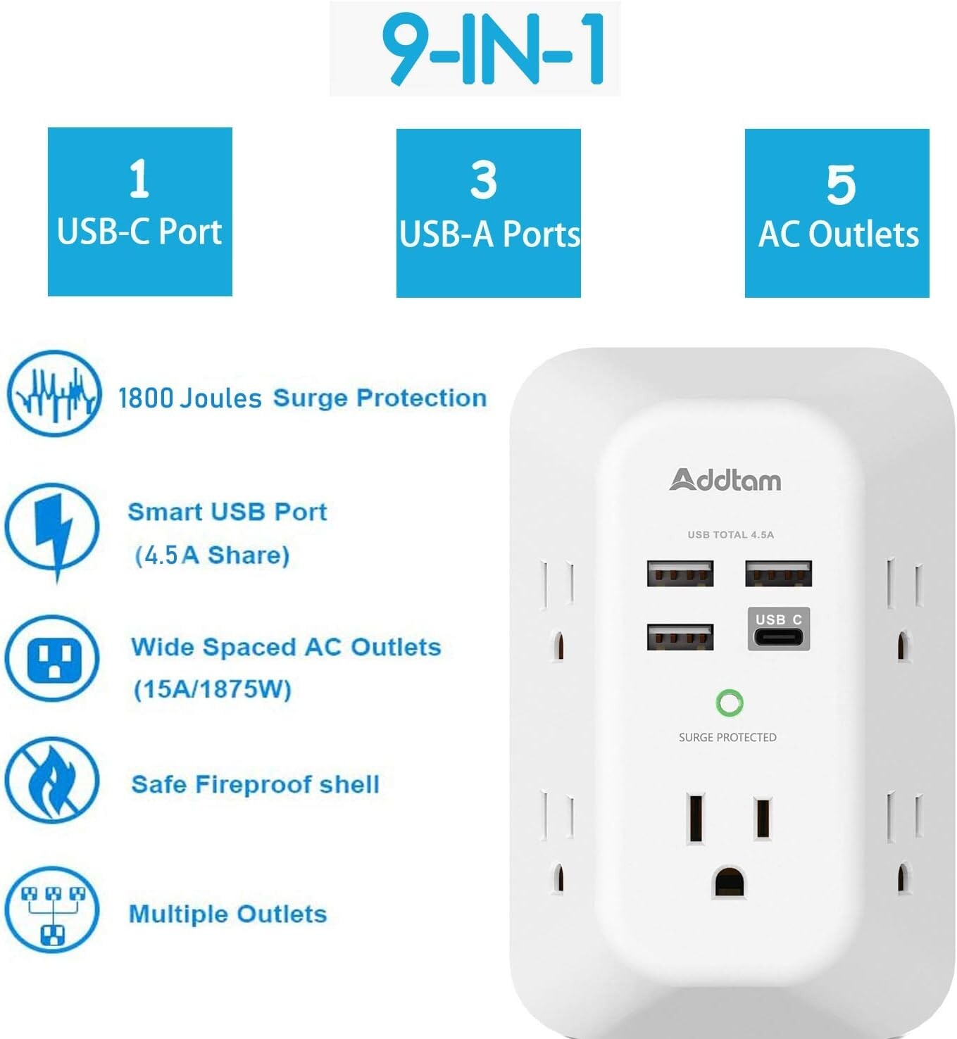 5 Outlet Extender Surge Protector Multi Plug Wall Adapter USB Charger Ports with