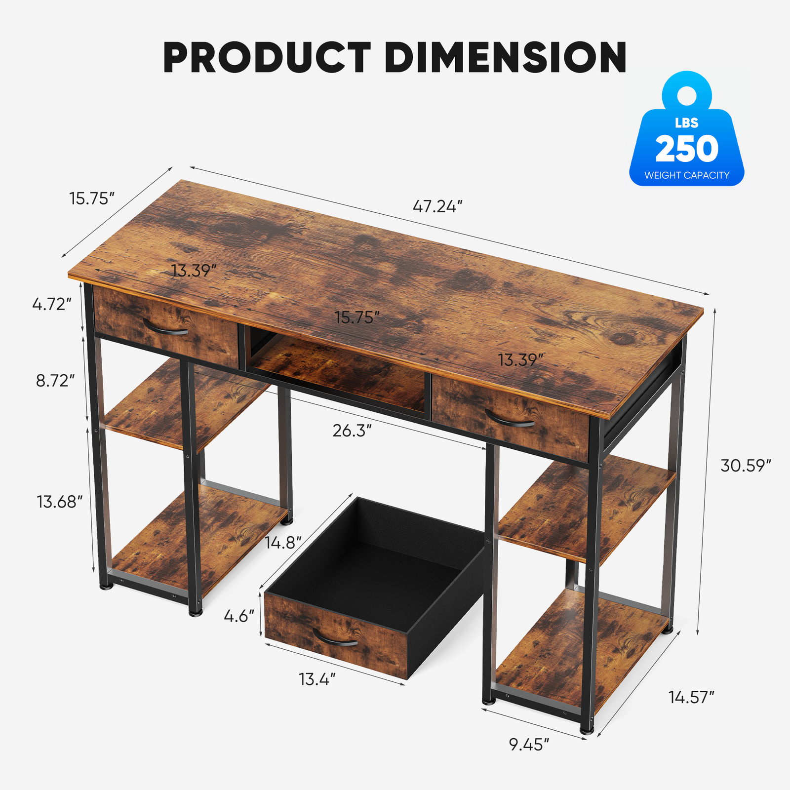 48" Rectangular Computer Study Desk 3-Drawer Office Laptop PC Work Table W/Shelf