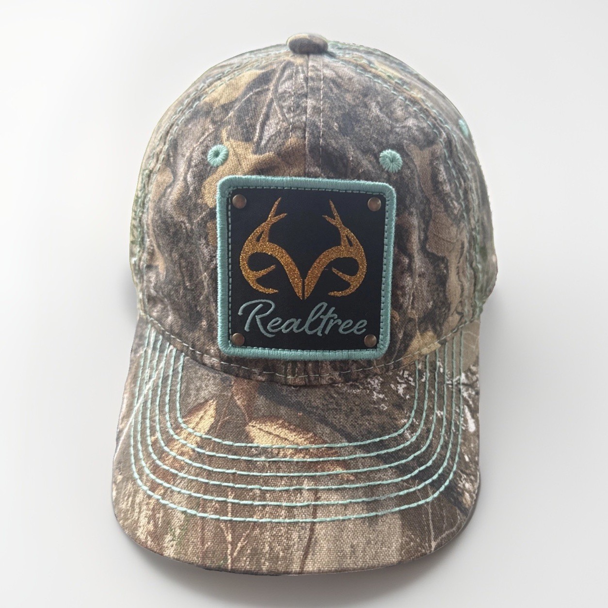 Real Tree Green Brown Camouflage Hat Cap Sparkle Gold Antler Logo w Teal Accents