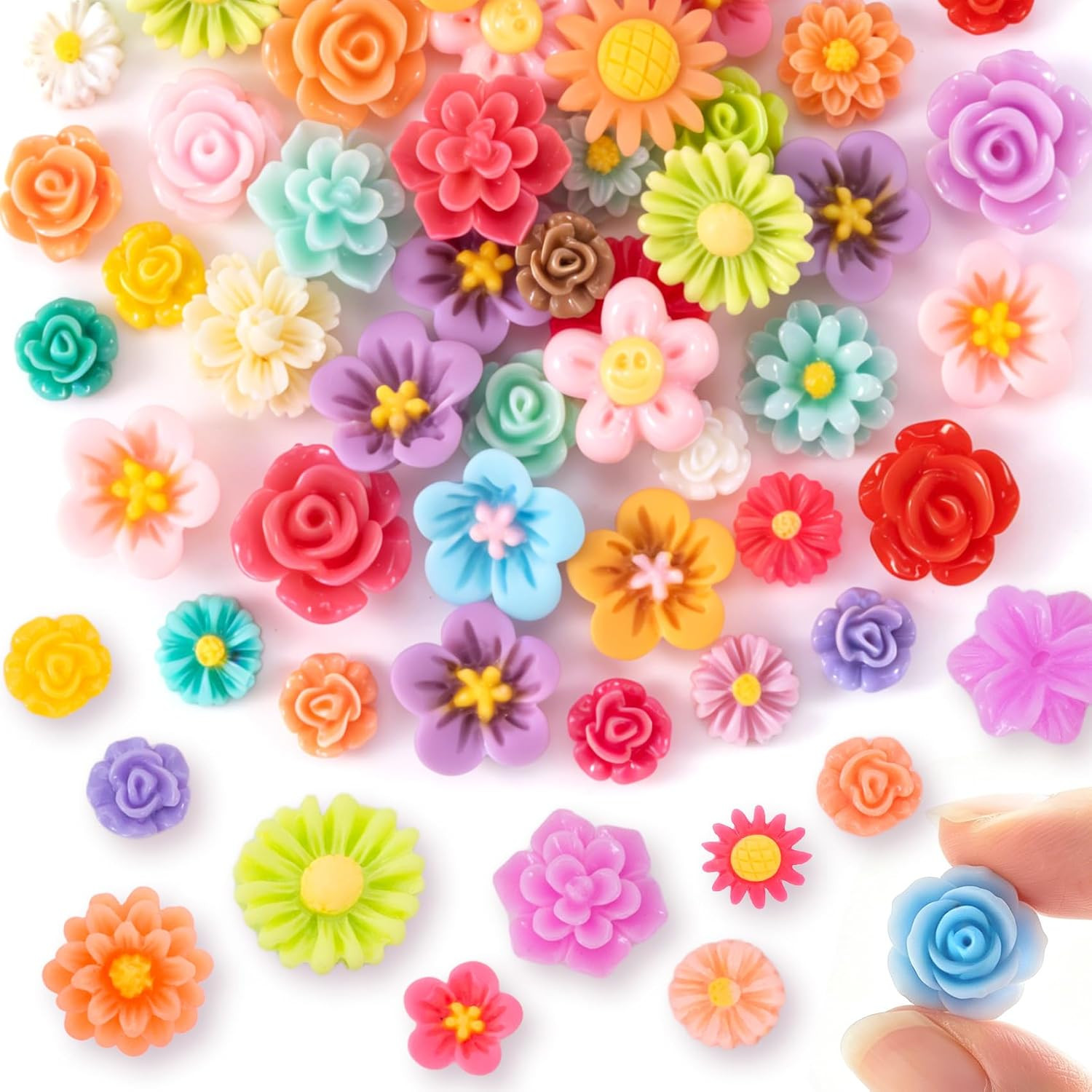 50Pcs Mini Resin Rose Flowers, Mixed Styles Flat Back Flower Charm | Resin Color