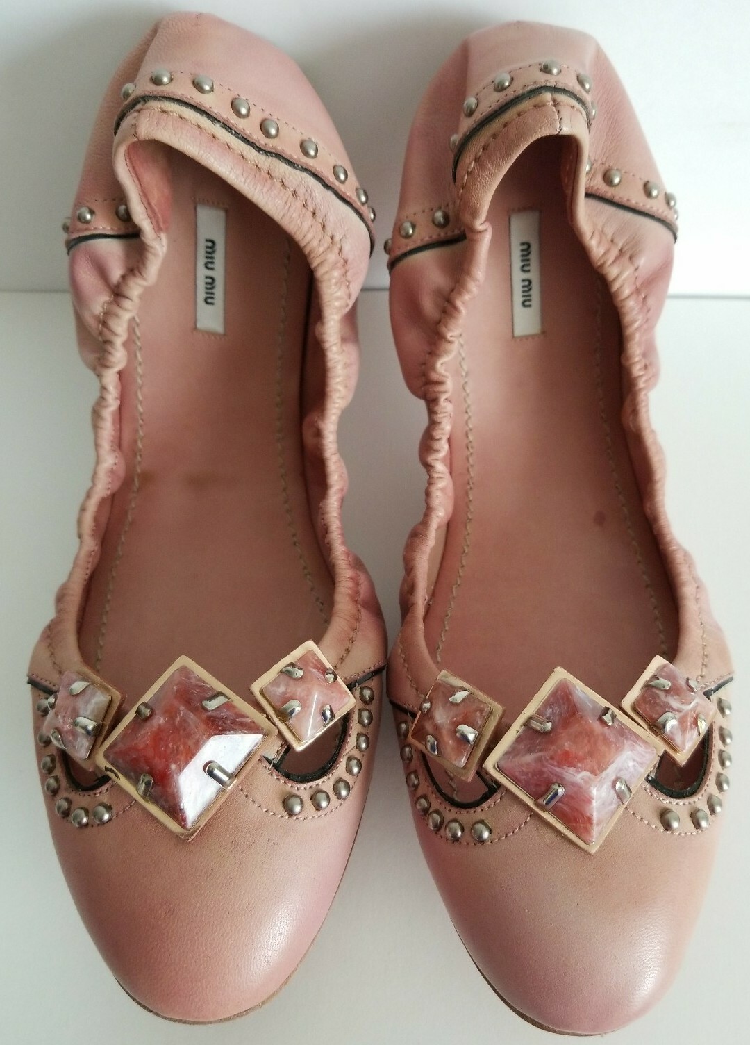 MIU MIU AMAZING WASHED PINK LEATHER EMBELLISHED FLATS EU 38.5 40 I LOVE SHOES