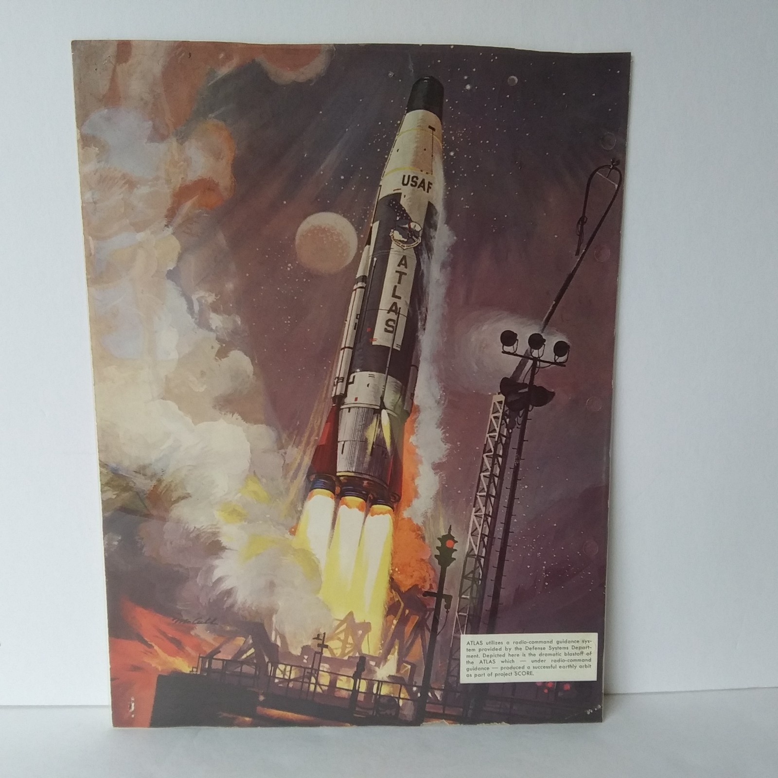 Vintage USAF Atlas Rocket Launch Print Project SCORE Cold War Space Illustration