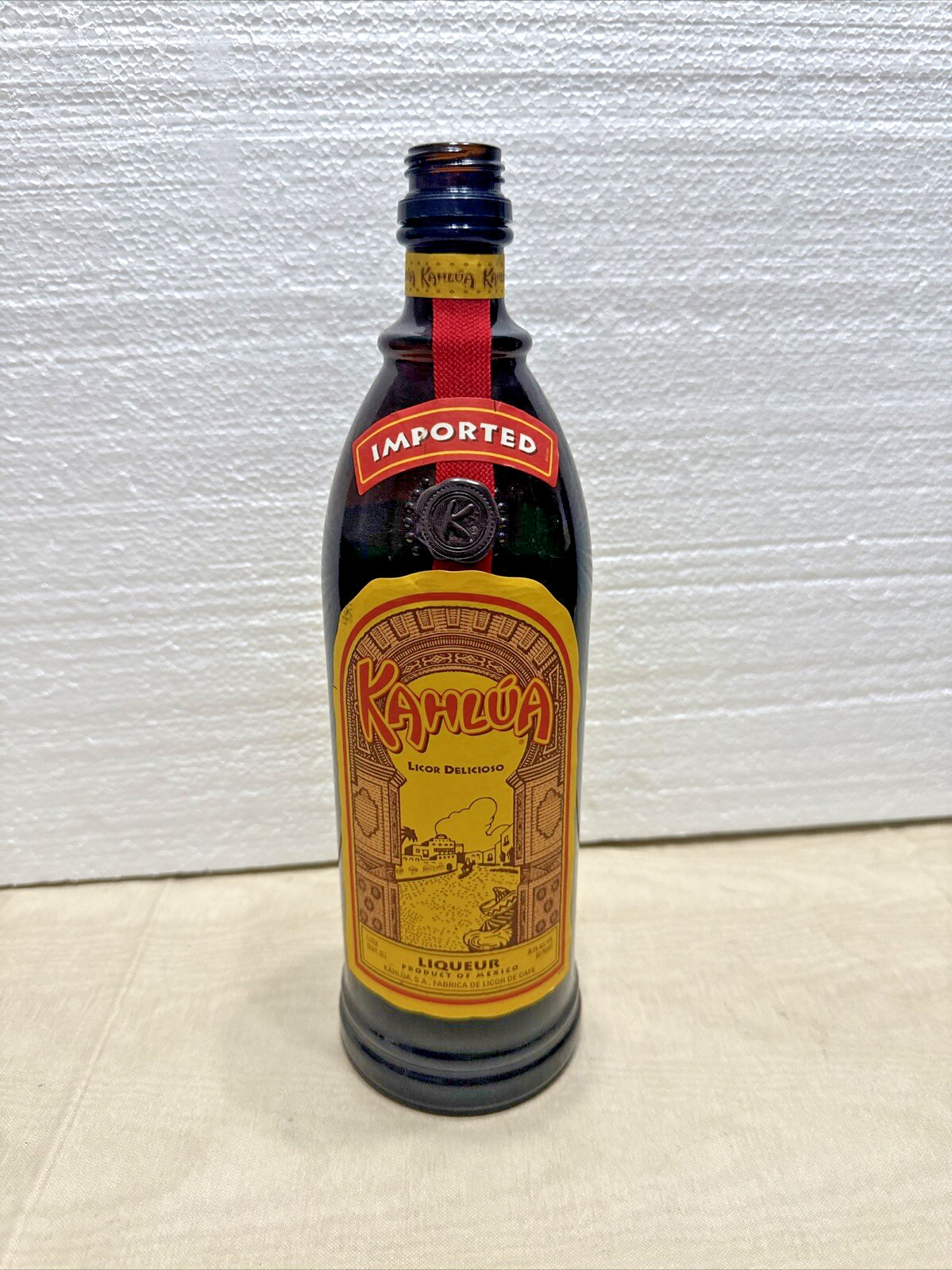 Kahlua Liqueur Brown Glass EMPTY Bottle 1000 ml  Ribbon Wax Seal Vintage