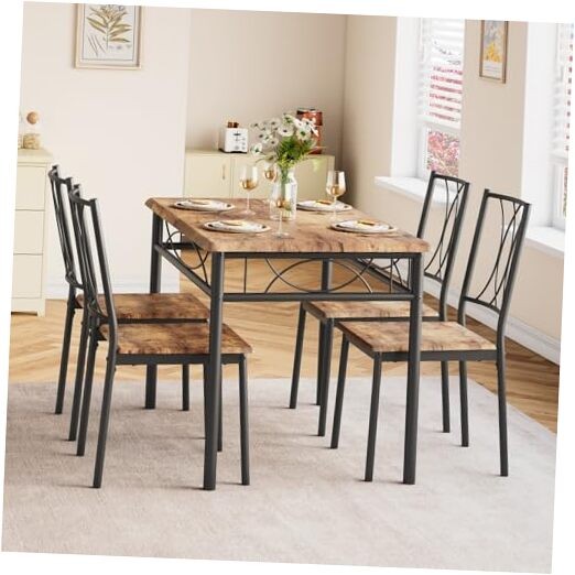 5-Piece Wood Dining Table Set for 4, Rectangular Table and 4 Chairs Brown