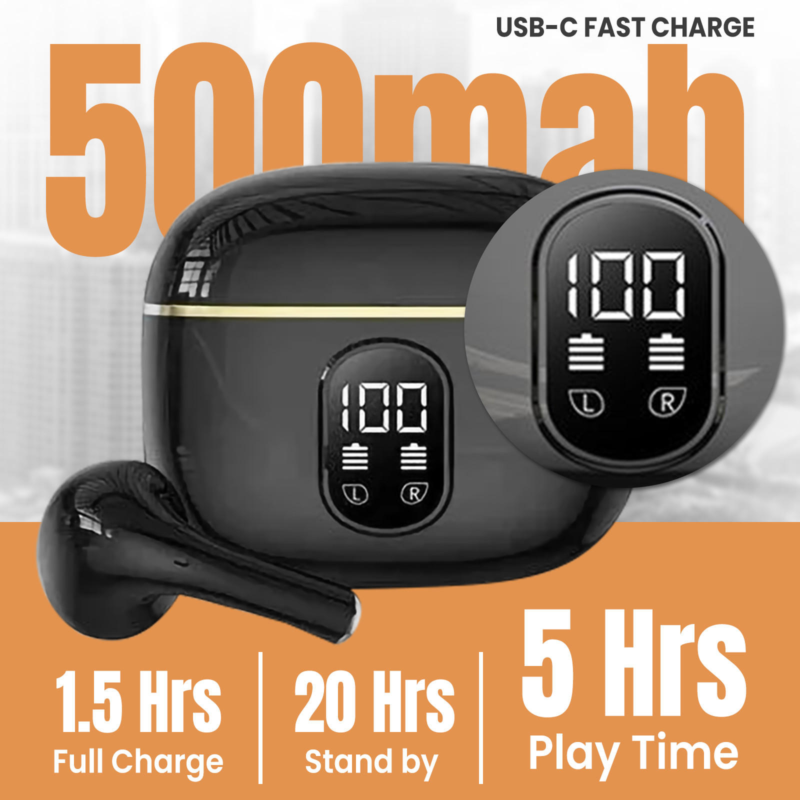 Bluetooth 5.3 Wireless Earbuds LED Display HiFi Sound IPX5 Waterproof Type-C