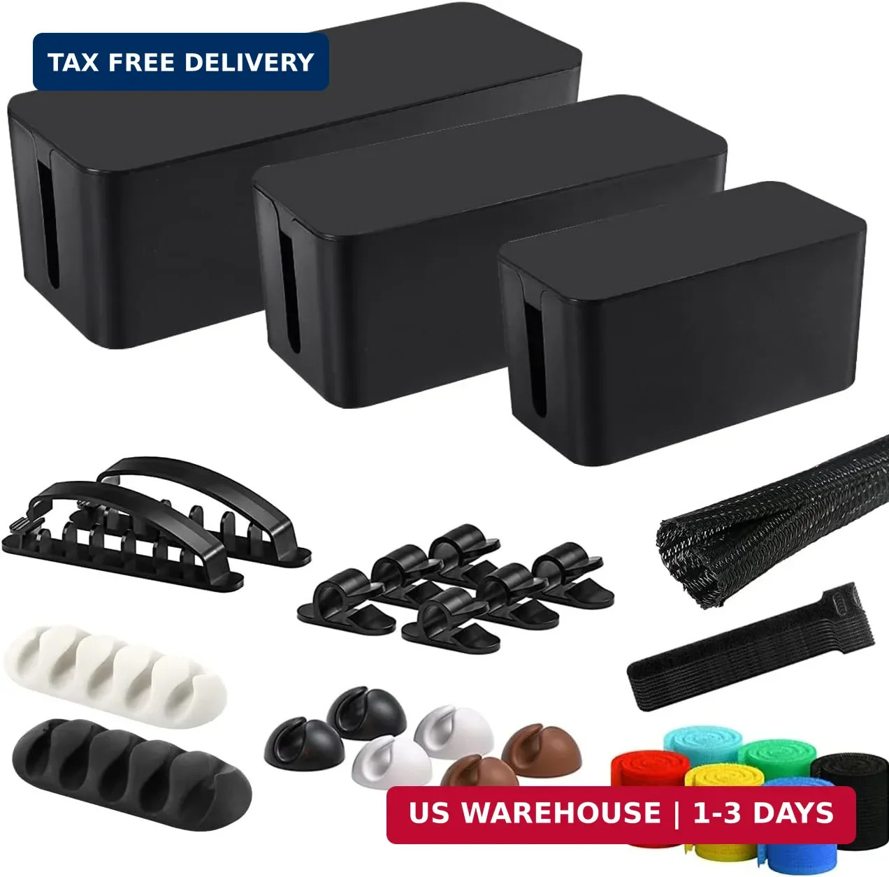 Cable Management Box, 3 Pack Cord Organizer Boxes with 33 PCS Cable Management S
