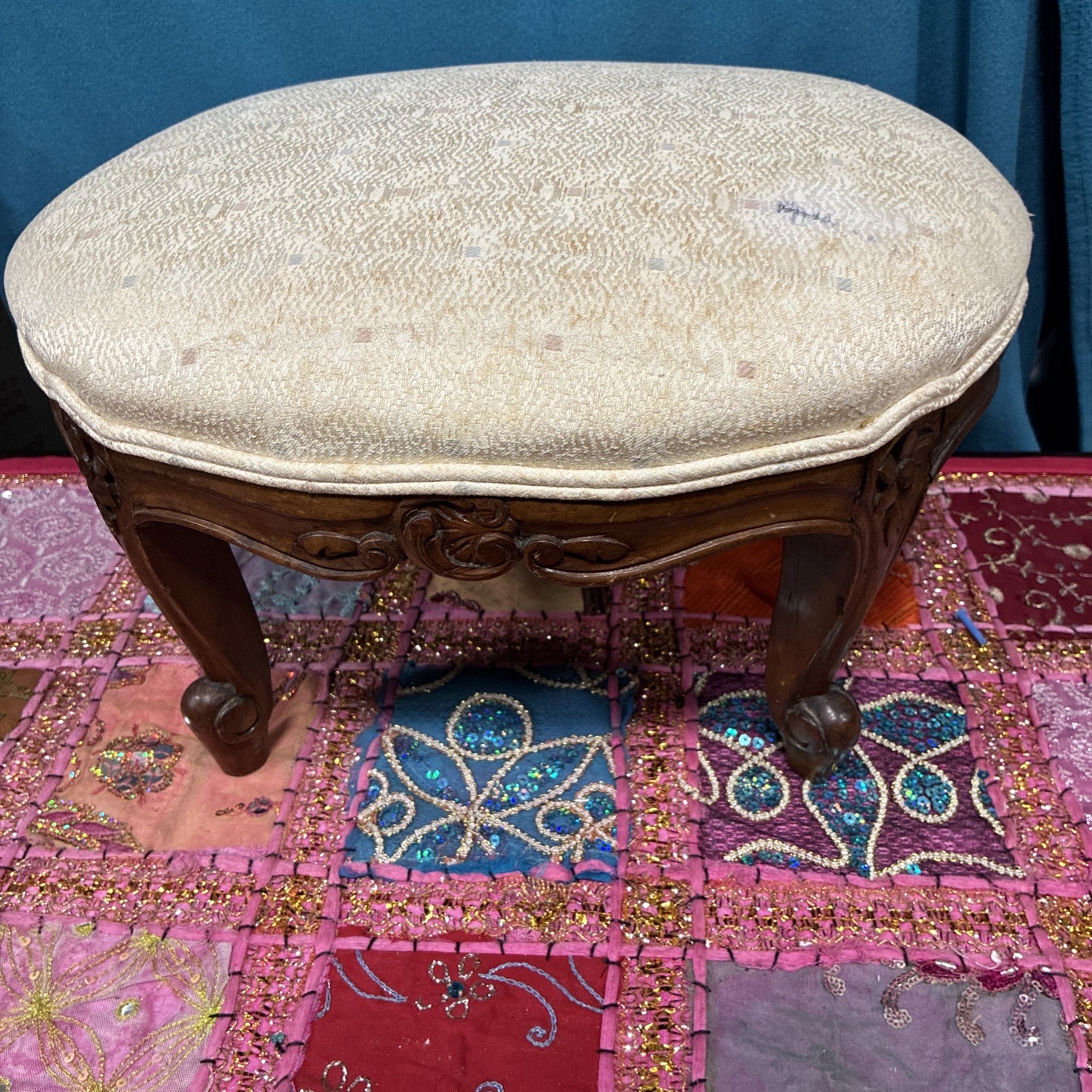 Antique French Louis XV Style Ottoman- Cabriolet Legs Scroll W Floral Motifs