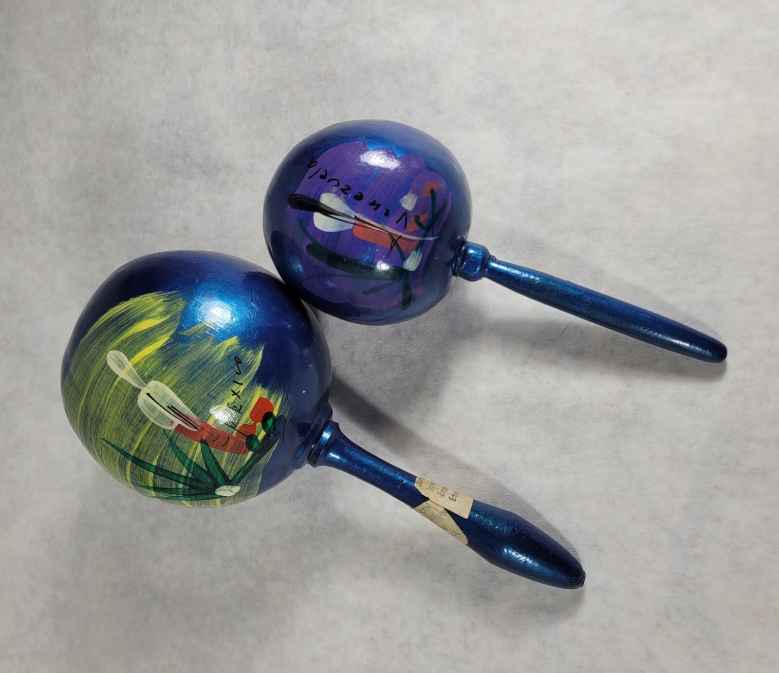 Vintage Lot Of 2 Maracas Gourd Hand Painted Mexico Venezuela Percussion Shakers