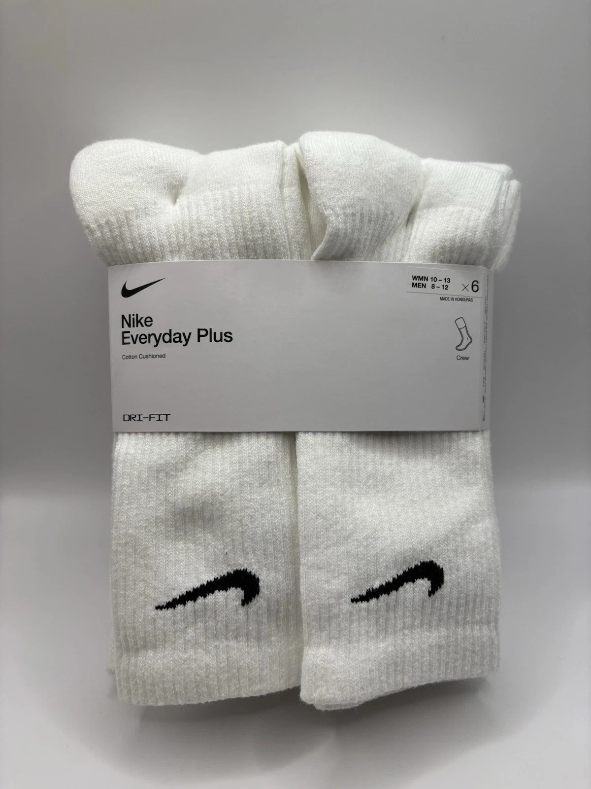 Nike Everyday Plus Dri Fit Cotton Cushion Crew Socks White 6 Pack M 8-12 W 10-13
