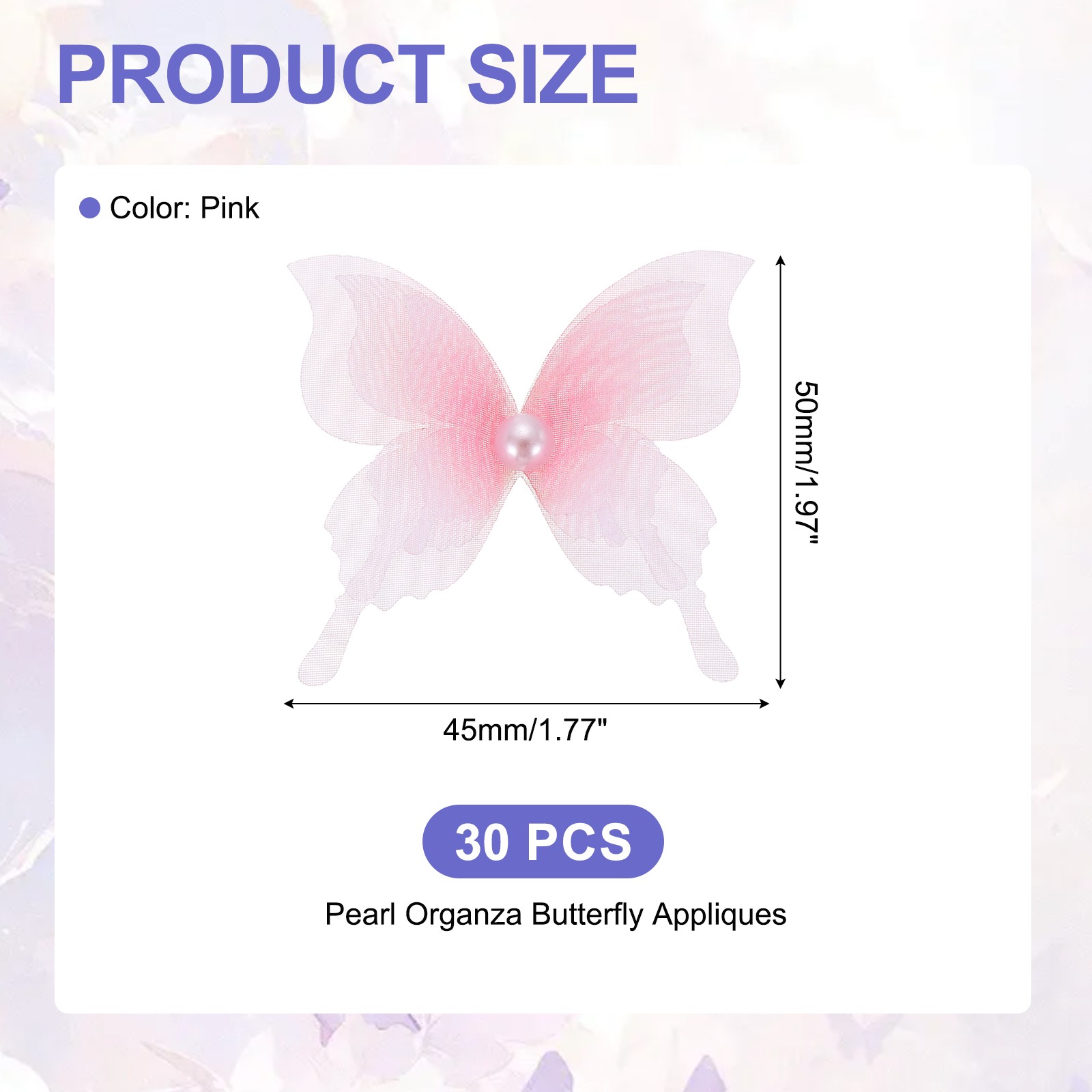 30Pcs Pearl Organza Butterfly, 1.8" x 2" 3D Fabric Butterfly for Craft, Pink