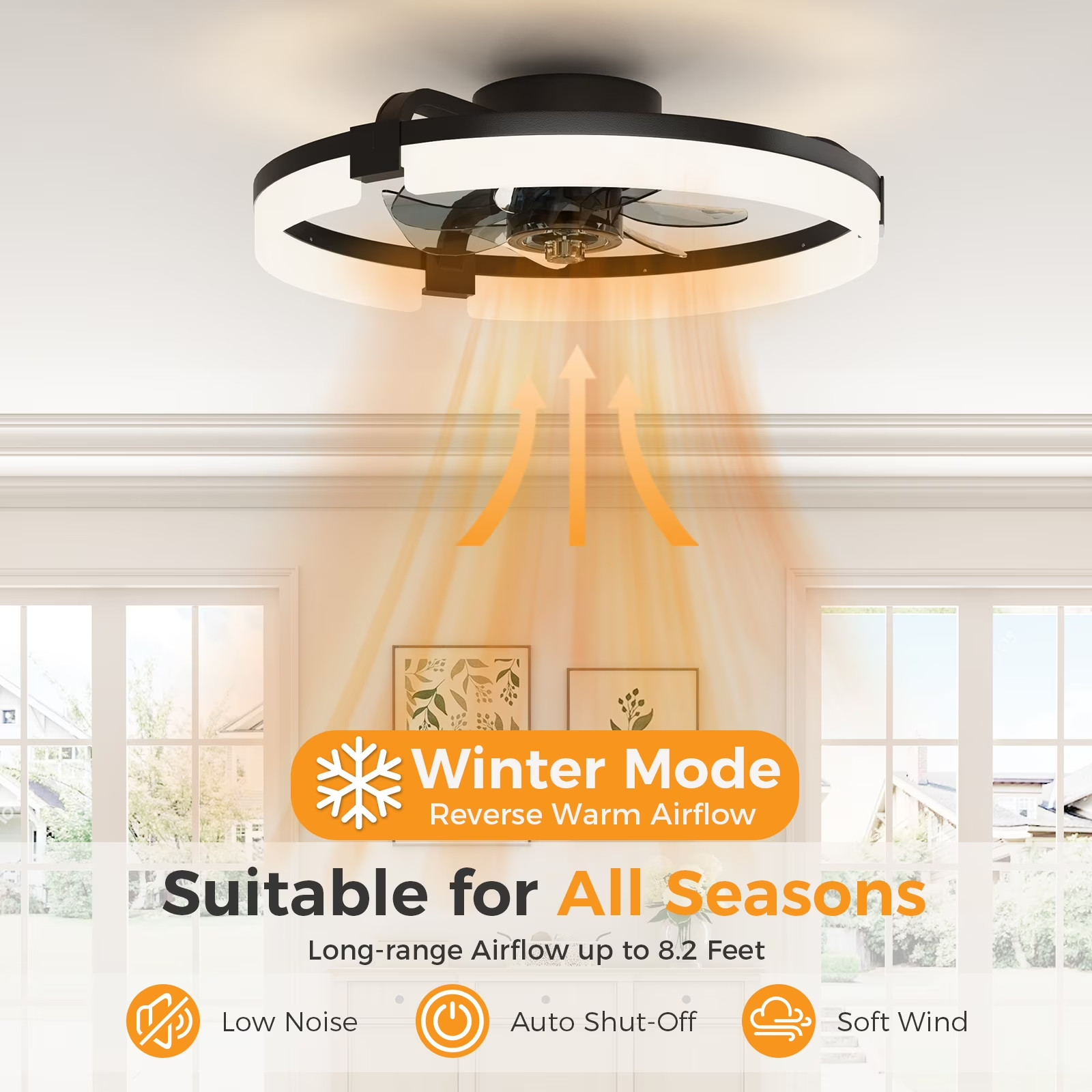 CONCETTA 19in Low Profile Flush Mount Ceiling Fan Dimmable LED Light Remote App
