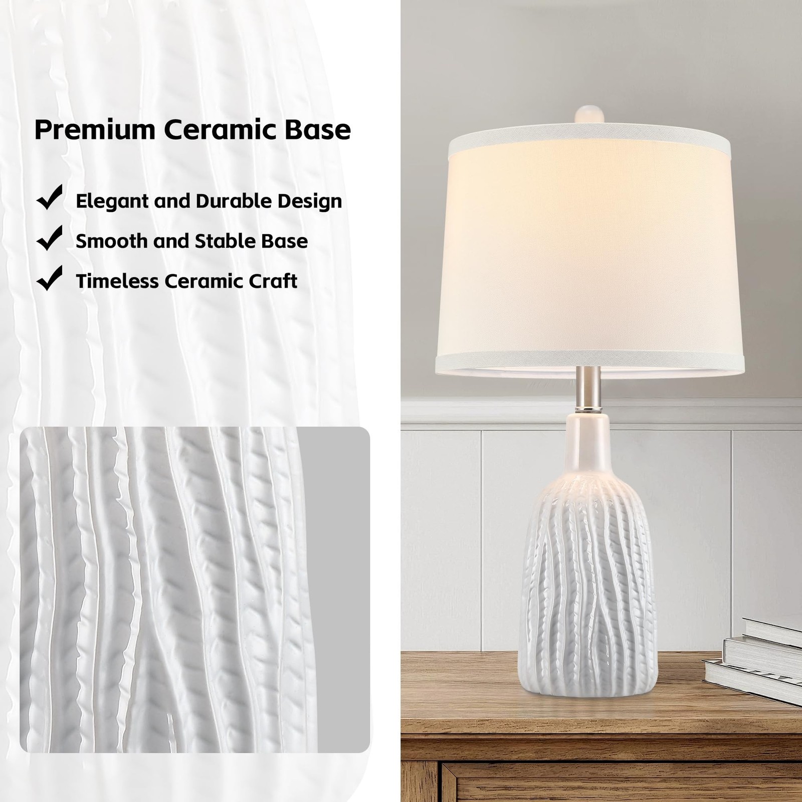 GRUENLICH Ceramic Table Lamp Set 2 Nightstand, 22.5" Modern White Bedside Lamp