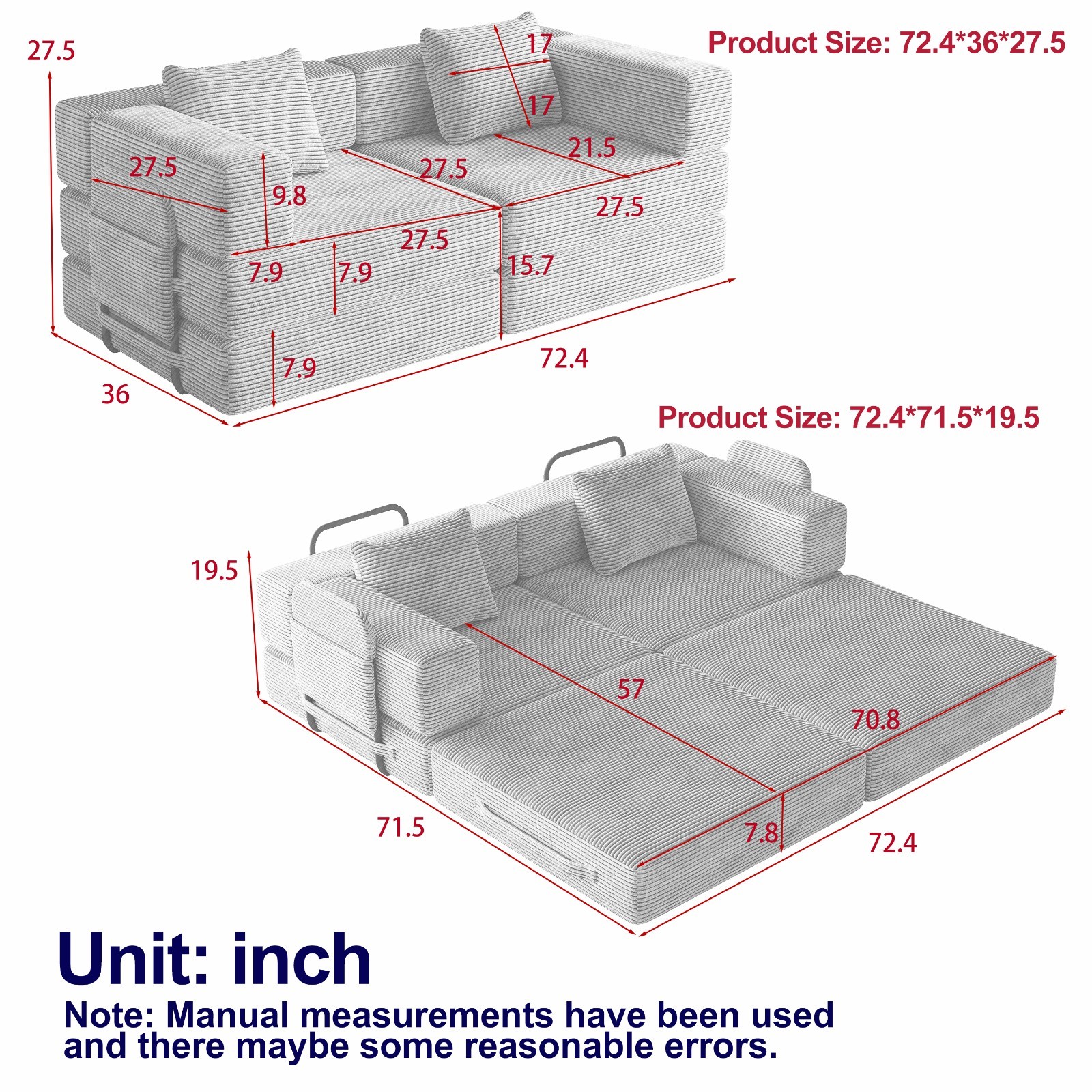 72in convertible sofa bed, corduroy fabric sofa comfortable folding sofa Beige