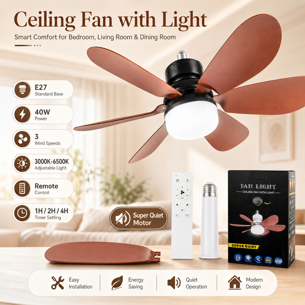 2-in-1 E27 Socket Fan Light with Remote Screw in Ceiling Fans LED Light Bulb Fan