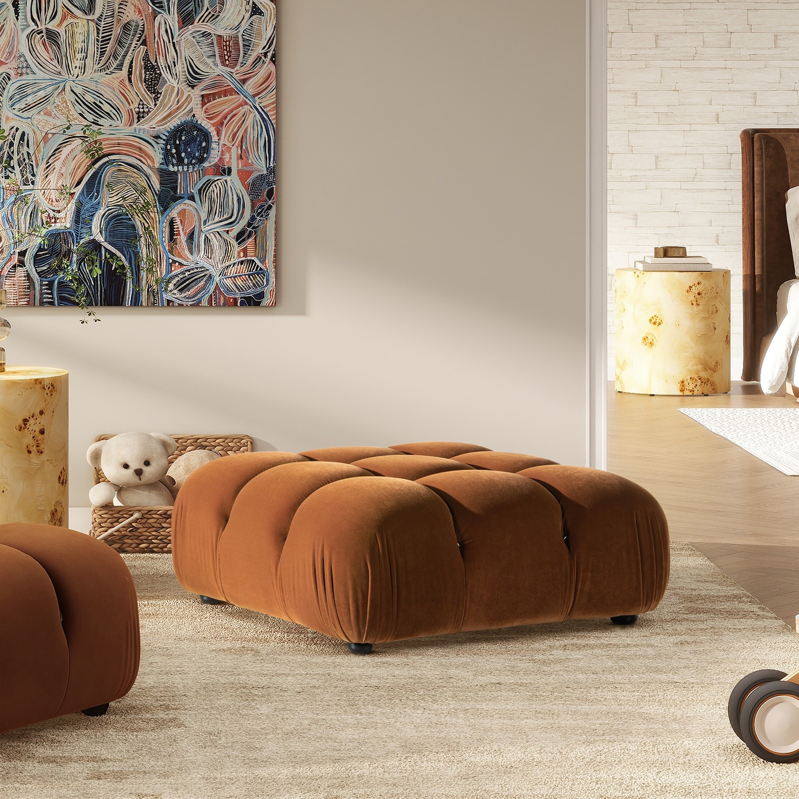Marcel 36" Bubble Modular Cocktail Ottoman Olive Green Velvet