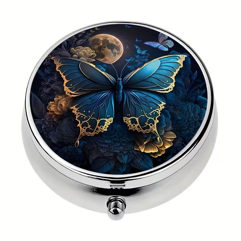 Blue Butterfly Moon Metal 3 Compartment Pill Box Portable Pocket Purse Travel