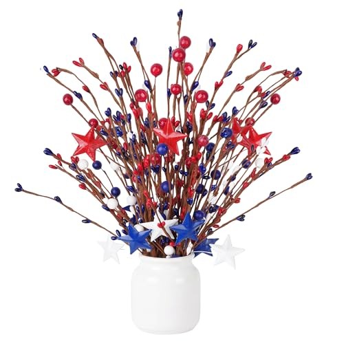 Yolyoo 4 Pack 4th of July Artificial Berry Stem Picks,Red White Blue Stars