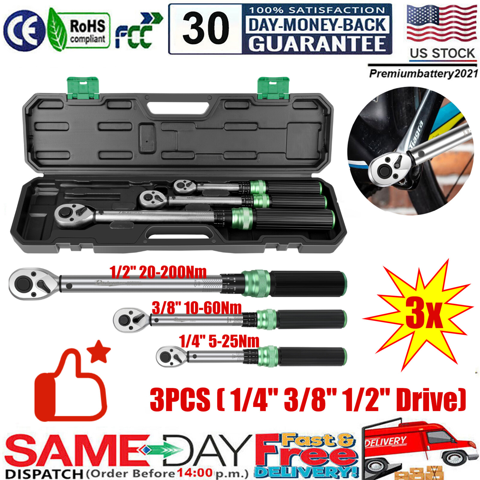 ✅3Pc Torque Wrench 1/4" 3/8" 1/2" Drive Adjustable 5Nm- 200Nm w/ bag Upgraded