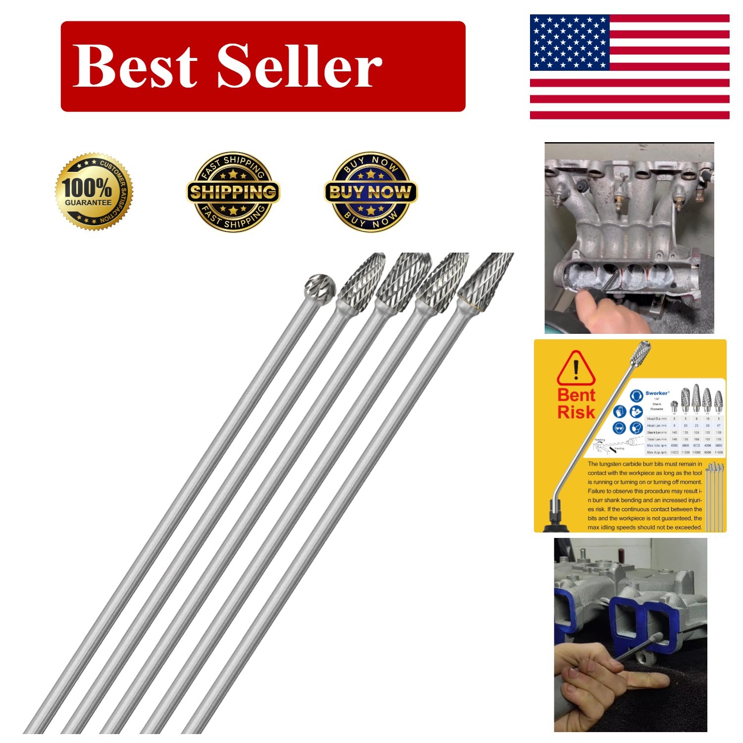5 Pcs Long Shaft Tungsten Carbide Burrs Set Kit Bits 6Mm Shank 155Mm Cut Port