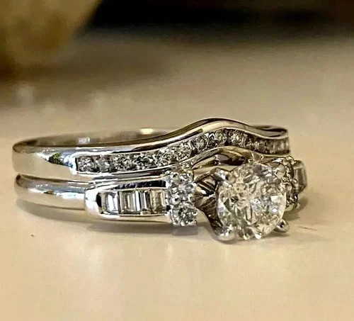 2Ct Round Lab Created Diamond 14K White Gold Plated Engagement Bridal Ring Set