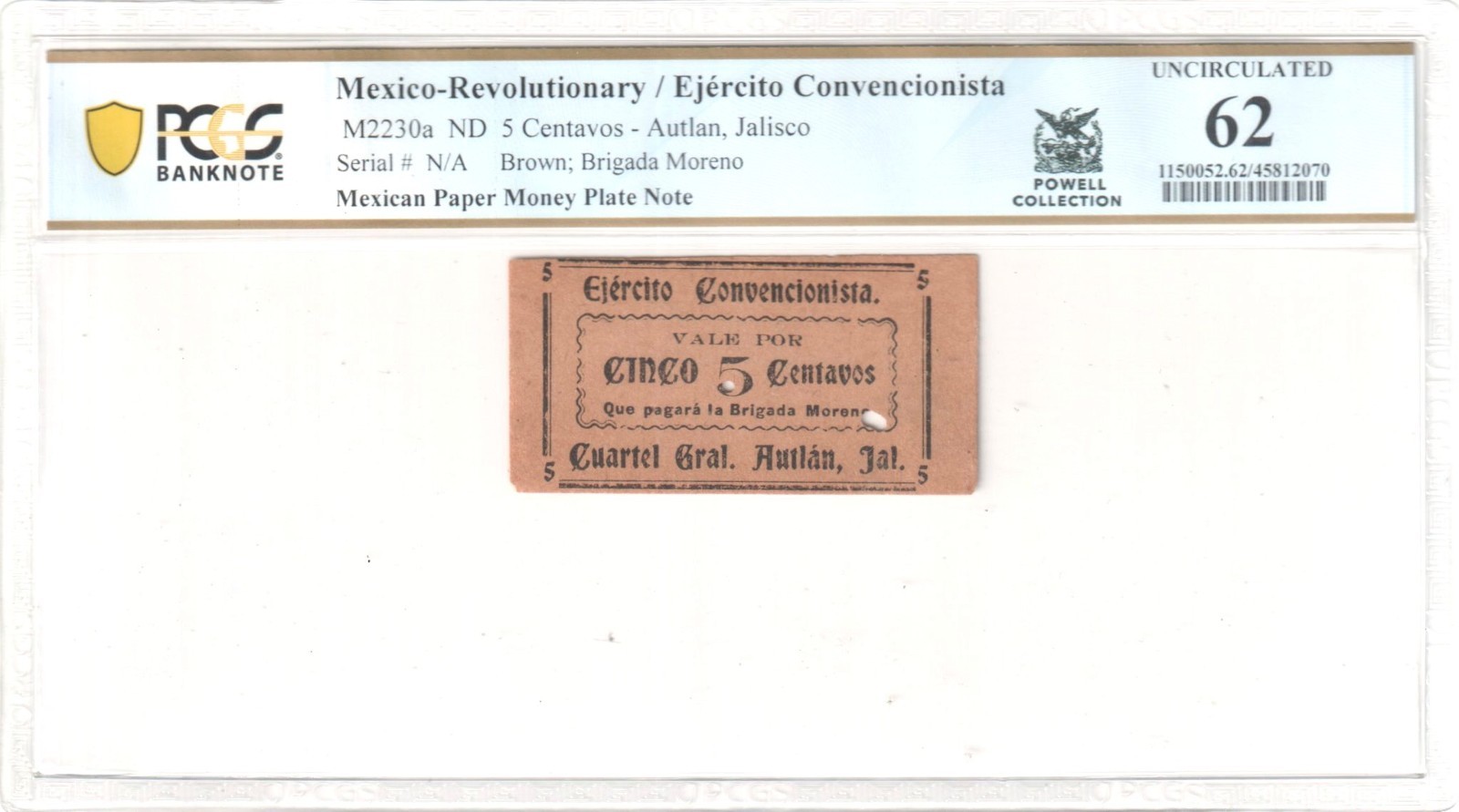 M2230a Mexico Revolution Jalisco 5 Centavos ND PCGS UNC 62 MPM Plate Note