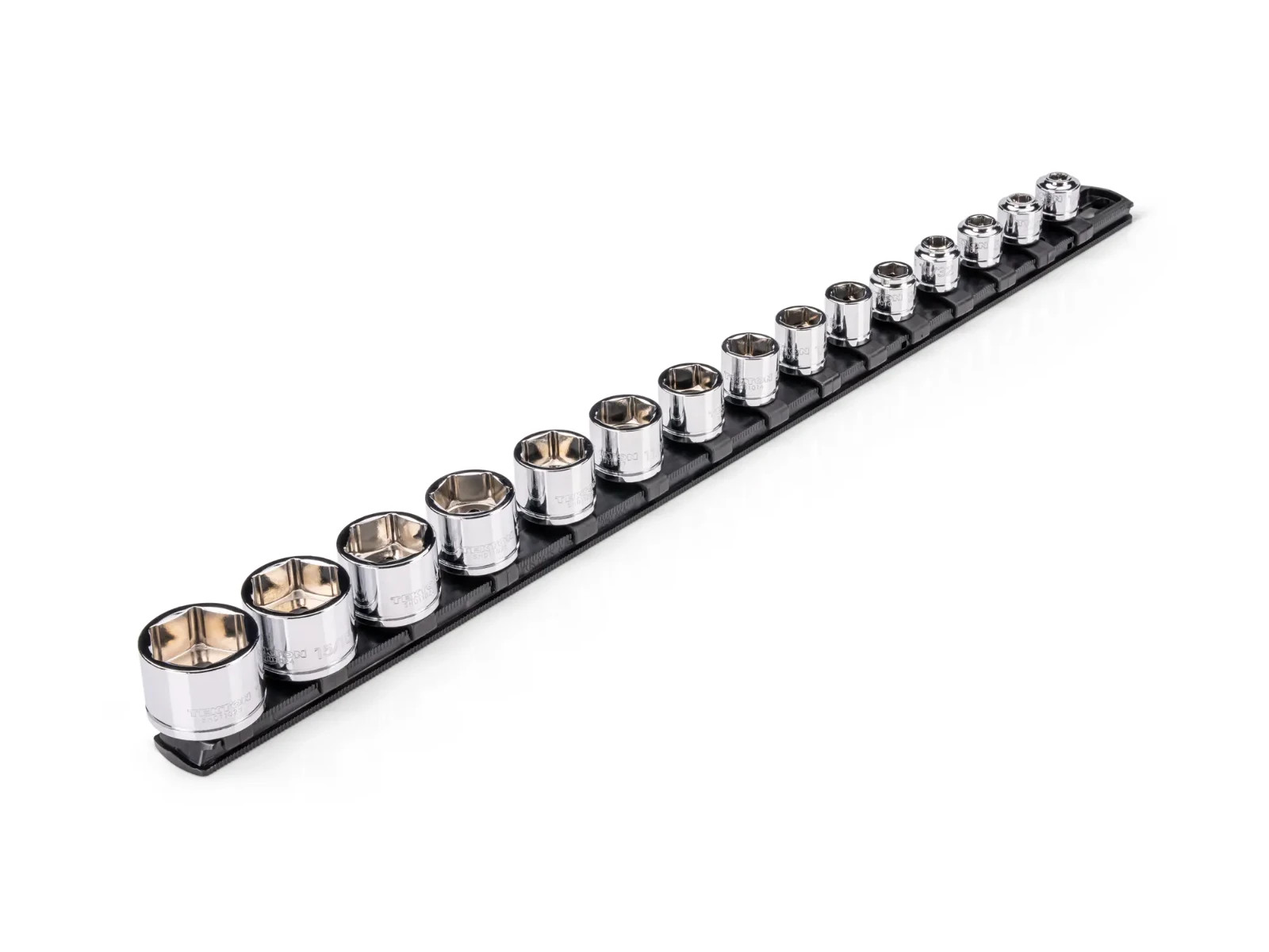 TEKTON 3/8 Inch Drive Extra-Shallow 6-Point Socket Set with Rail, 15-Piece 1/4-1