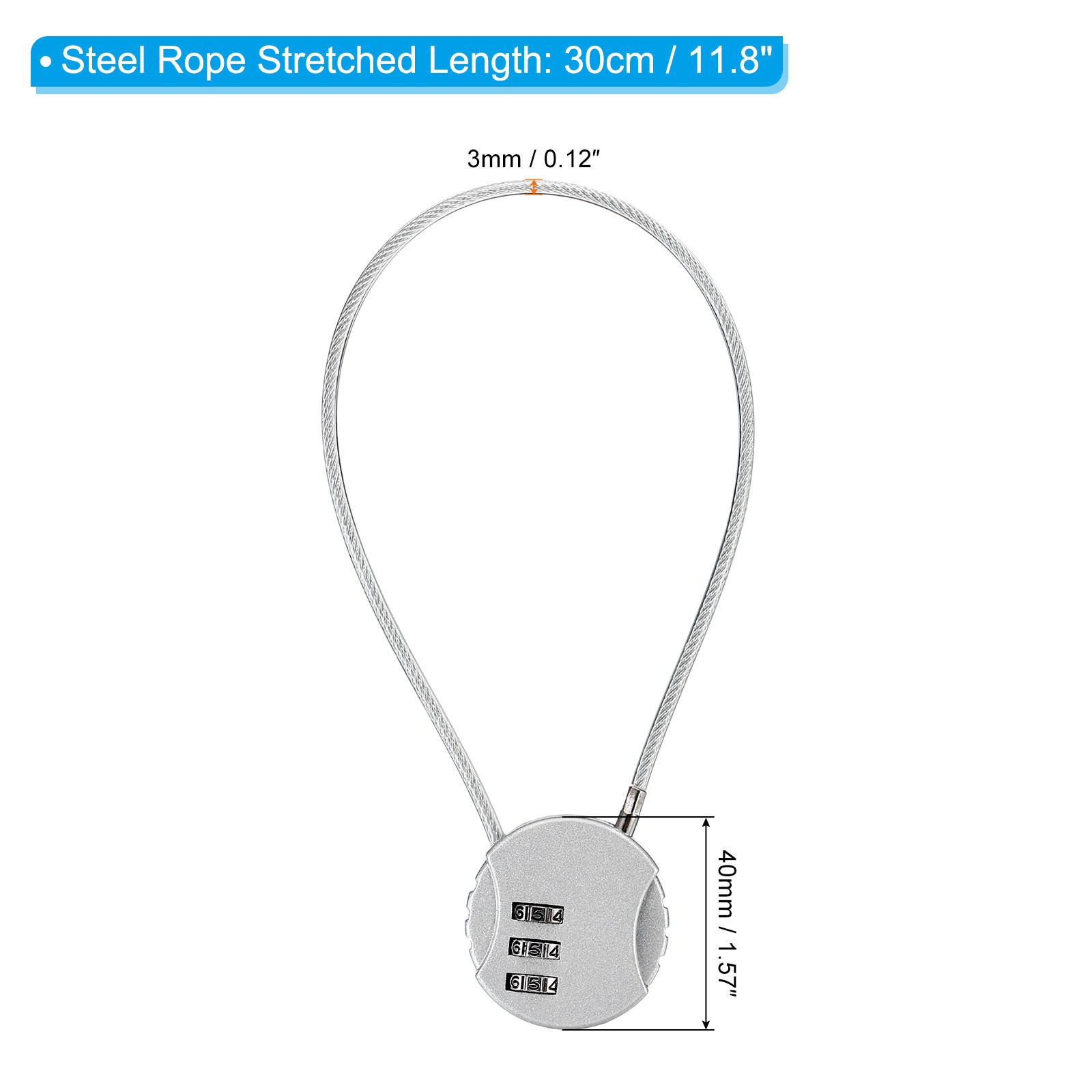 Small Combination Block 11.8", 1pc 3 Digit Luggage Lock, Silver Tone