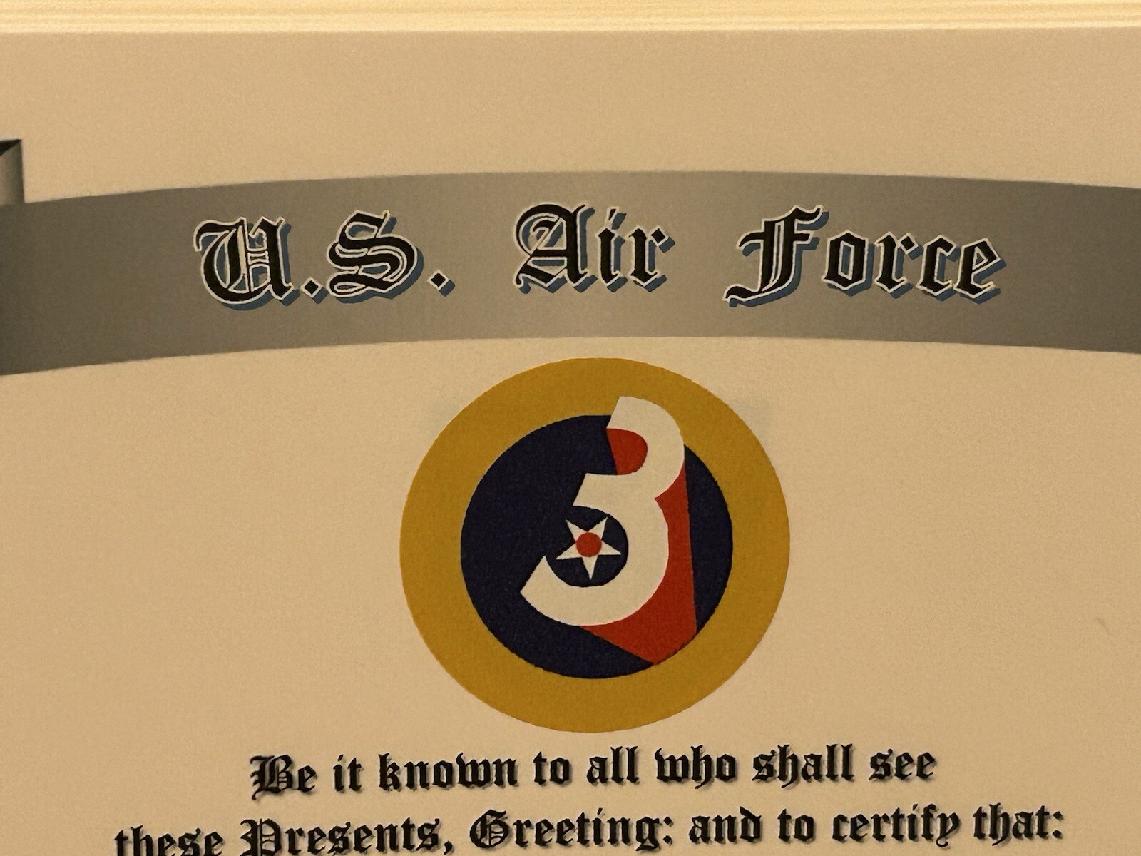 U.S. AIR FORCE / 3RD AIR FORCE - OUTSTANDING UNIT AWARD W/V DEVICE CERTIFICATE