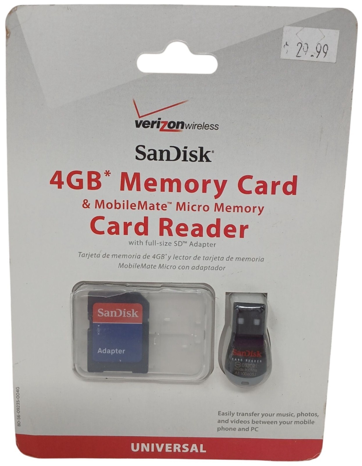 SanDisk 4GB Memory Card & MobileMate Micro Card Reader Verizon Wireless Univ D10