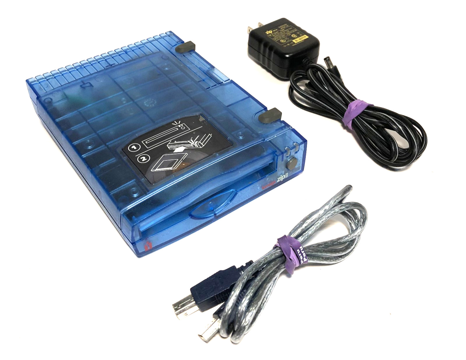 NICE! Iomega Z100USB Zip Drive Blue Clear + AC Adapter, USB Cable Working