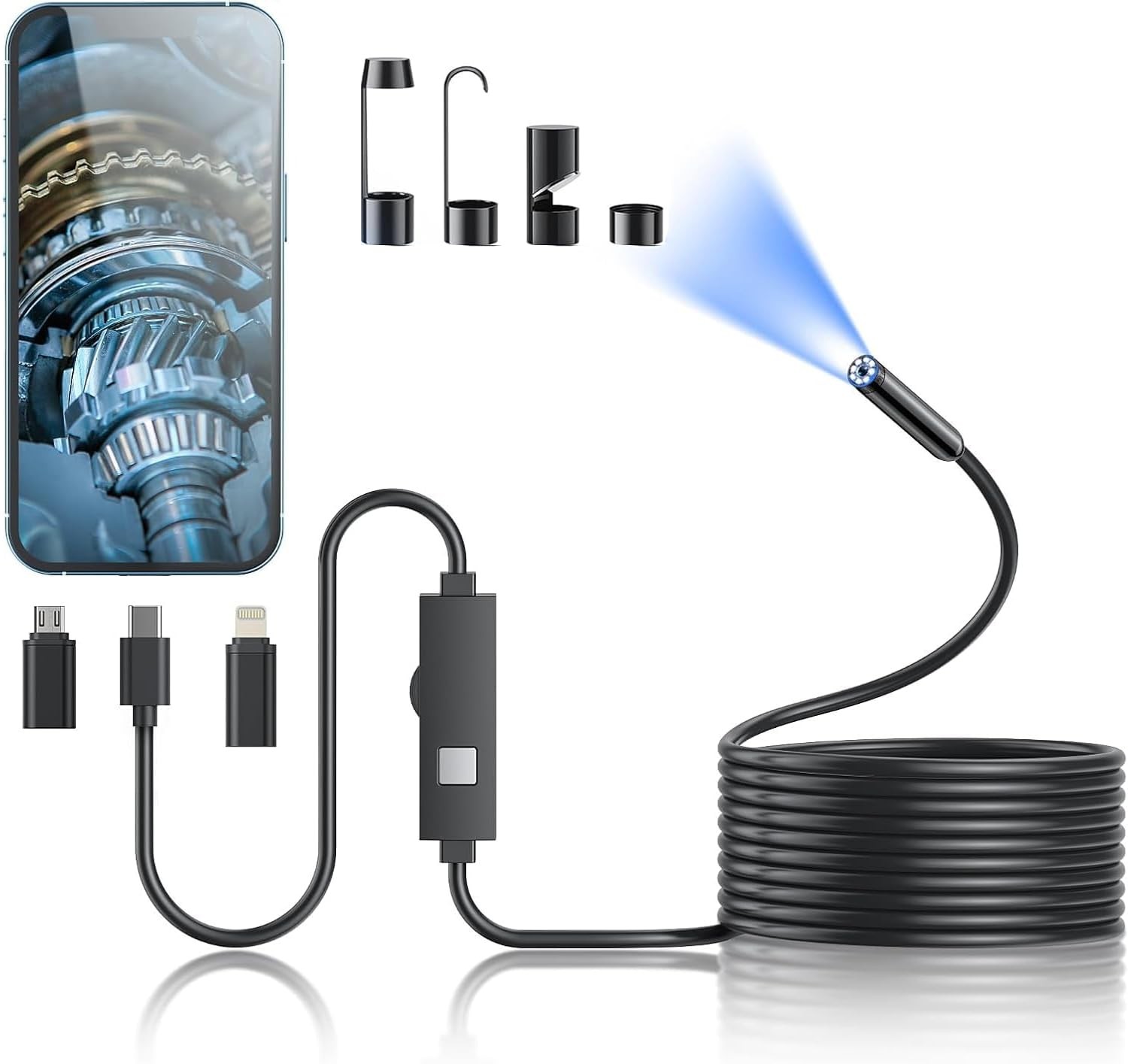 Endoscope Camera with Light, 1920P HD Borescope Tools with 8 Adjustable LED L...