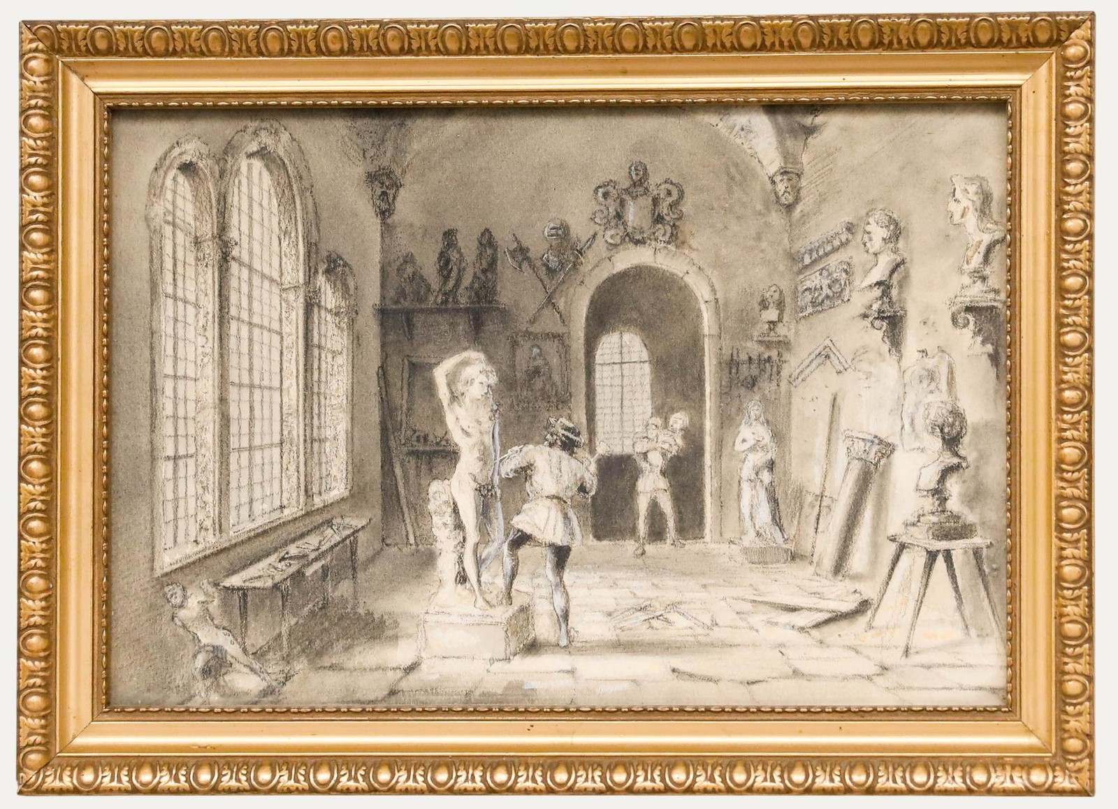 Edward Allen Schmidt (1825-1893) - Charcoal Drawing, Sculptor in His Studio