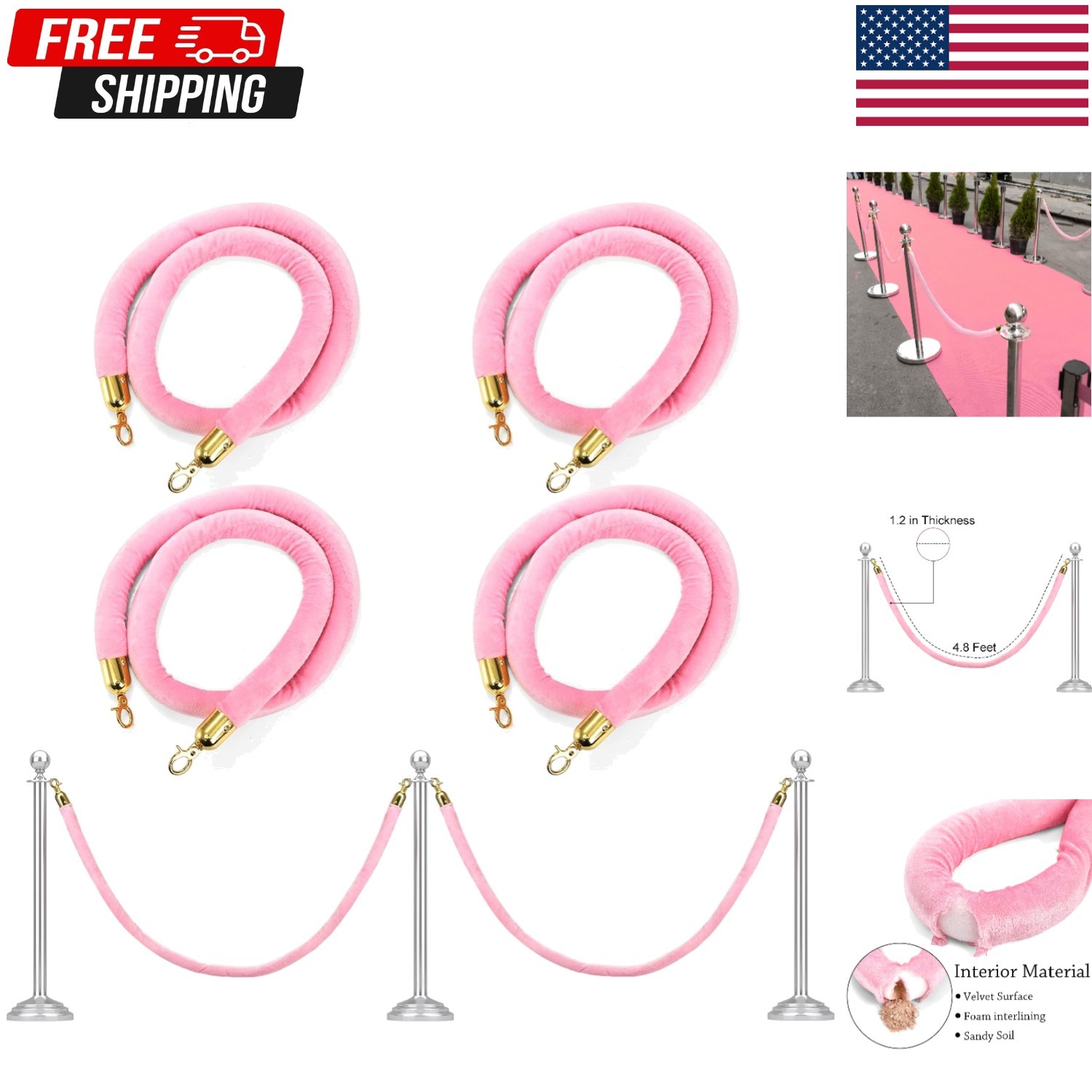 4 PСS Station Set for Parties - Pink Rope Stations for Hotel Lobby VIP Ropes ...