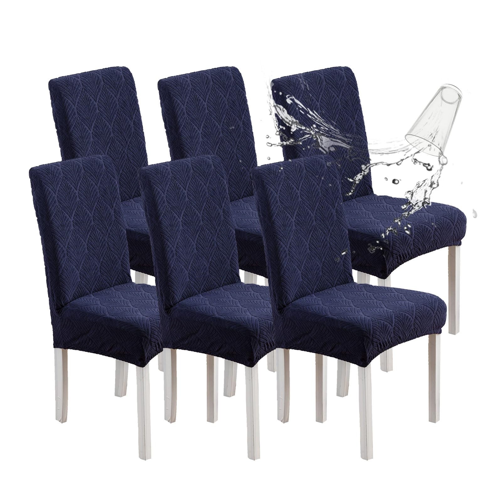 YUEANG Waterproof Dining Chair Covers, Covers for 6pk, Leaf-navy Blue